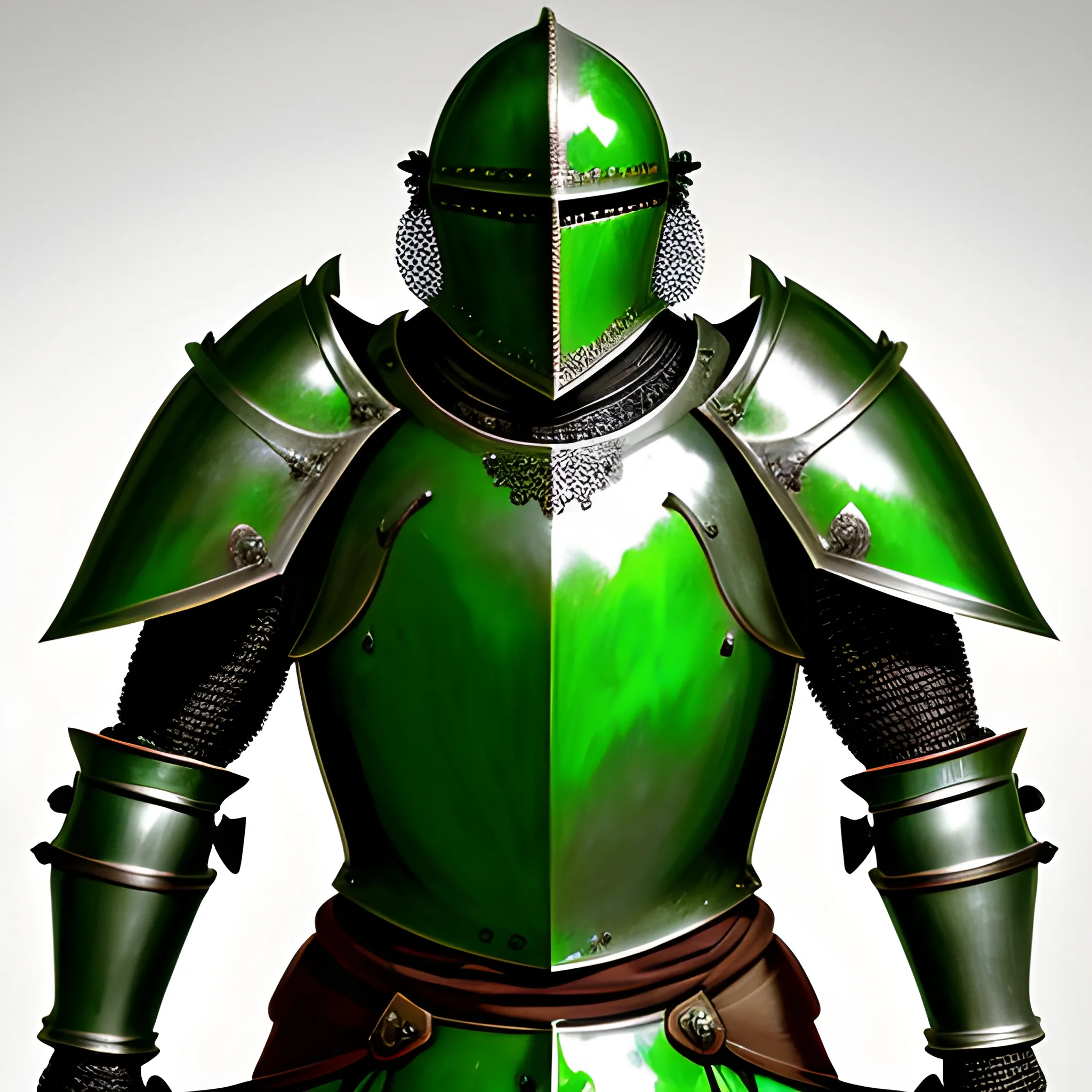 a knight wearing a set of heavy armour made of thick steel plates, the armour is painted a dark green and has a set of piercing eyes painted on the breastplate, full body, medieval, stylised, Concept art