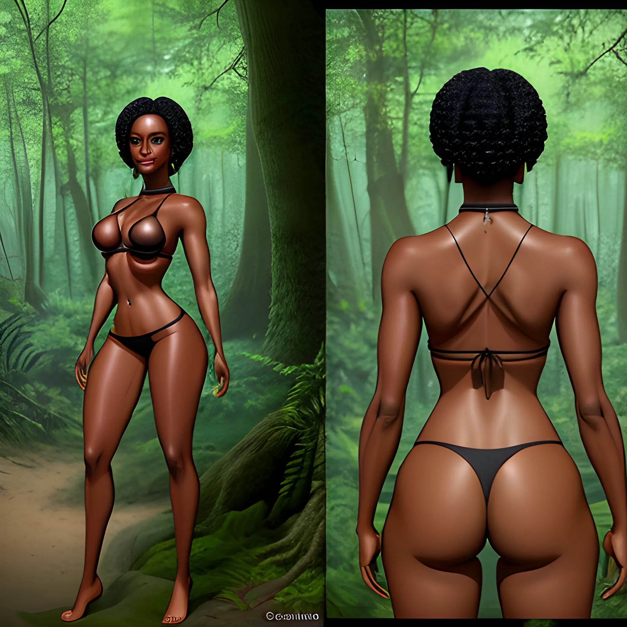 a woman in a forest with her back to the camera and a man in the background, breasts, looking_at_viewer, short_hair, multiple_girls, black_hair, 2girls, bare_shoulders, jewelry, medium_breasts, underwear, standing, panties, ass, earrings, outdoors, parted_lips, solo_focus, day, looking_back, dark_skin, from_behind, dark-skinned_female, tree, lips, crop_top, back, nature, armlet, forest, thong, realistic, bracer
