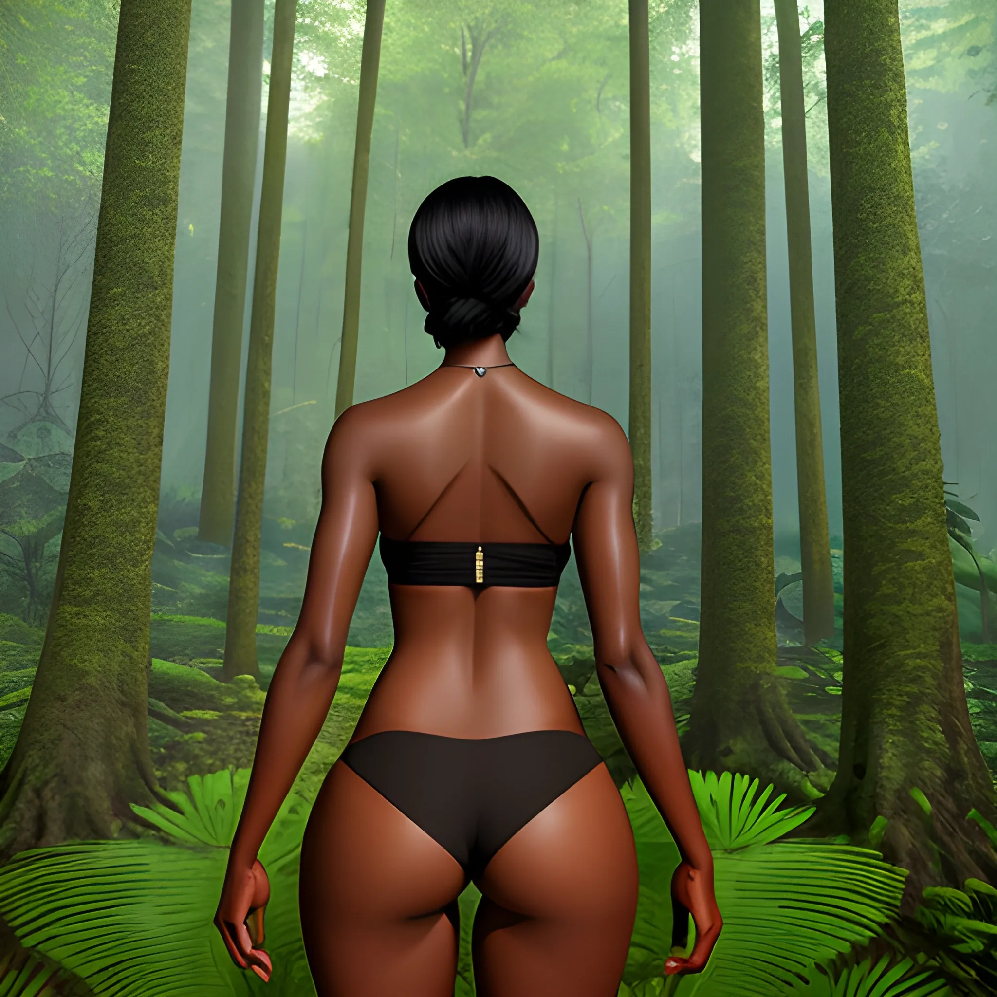 Realistic a woman in a forest with her back to the camera and a man in the background, breasts, looking_at_viewer, short_hair, multiple_girls, black_hair, 2girls, bare_shoulders, jewelry, medium_breasts, underwear, standing, panties, ass, earrings, outdoors, parted_lips, solo_focus, day, looking_back, dark_skin, from_behind, dark-skinned_female, tree, lips, crop_top, back, nature, armlet, forest, thong, realistic, bracer