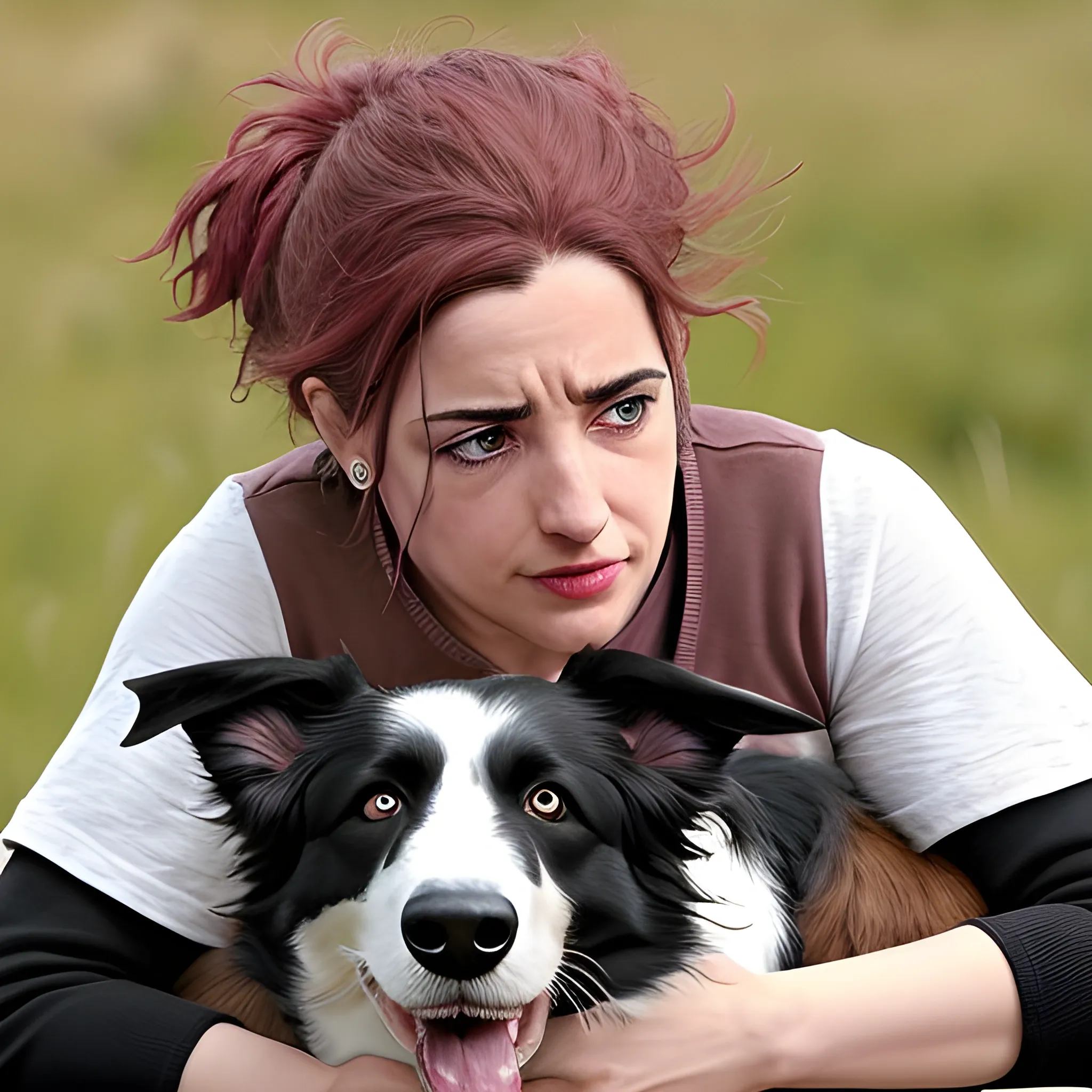 Pareja hombre y mujer sujetando a su perro. El perro es un border collie marron con el hocico rosa. Ella tiene los ojos verdes, labios carnosos y cara ovalada. Ella tiene el pelo largo y ondulado. El tiene los ojos castaños, el pelo ondulado y muy corto. El tiene la cara alargada y los labios carnosos. , Cartoon