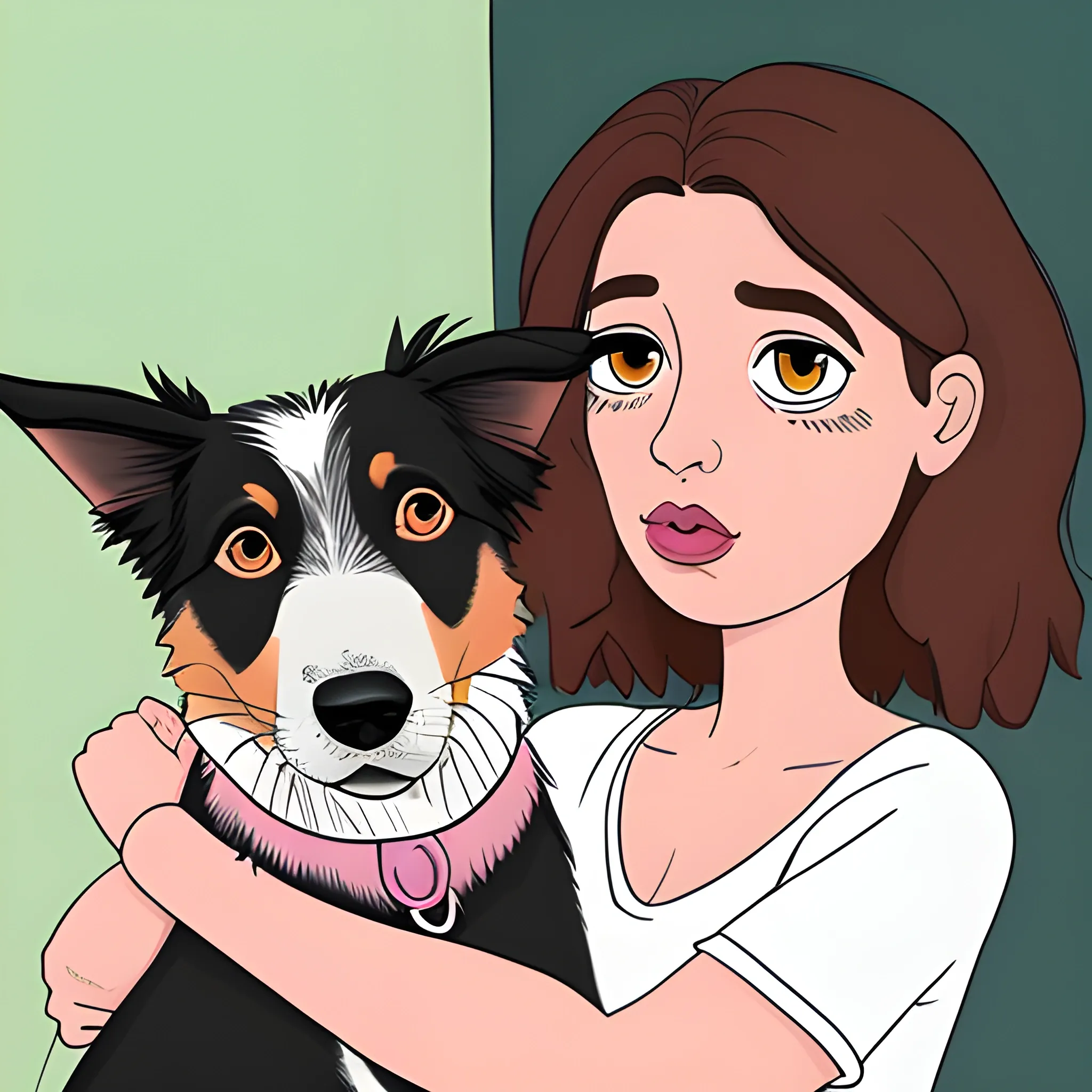 Pareja hombre y mujer sujetando a su perro. El perro es un border collie marron con el hocico rosa. Ella tiene los ojos verdes, labios carnosos y cara ovalada. Ella tiene el pelo largo y ondulado. El tiene los ojos castaños, el pelo ondulado y muy corto. El tiene la cara alargada y los labios carnosos. , Cartoon