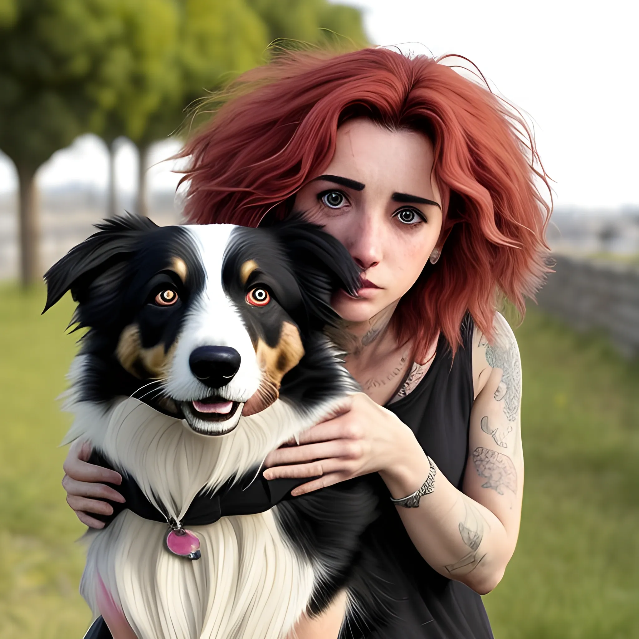 Pareja hombre y mujer sujetando a su perro. El perro es un border collie red merle marron con el hocico rosa, La descripción de la pareja es la siguiente: Ella tiene los ojos verdes, labios carnosos y cara ovalada, Ella tiene el pelo largo y ondulado,  El tiene los ojos castaños, el pelo ondulado y muy corto, El tiene la cara alargada y los labios carnosos. Deben aparecer los dos en el cuadro , Cartoon