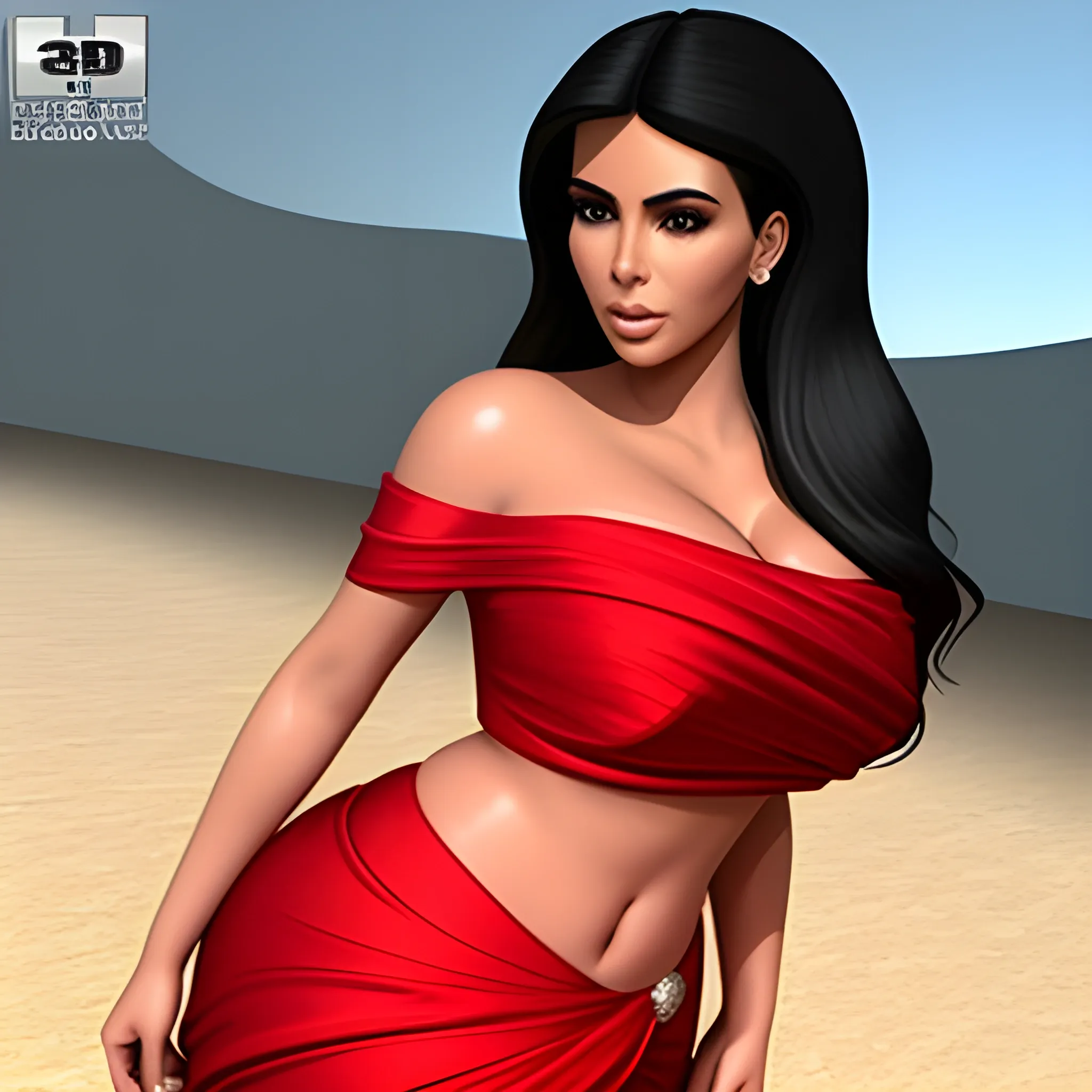 Kim Kardashian in red saree, 3D