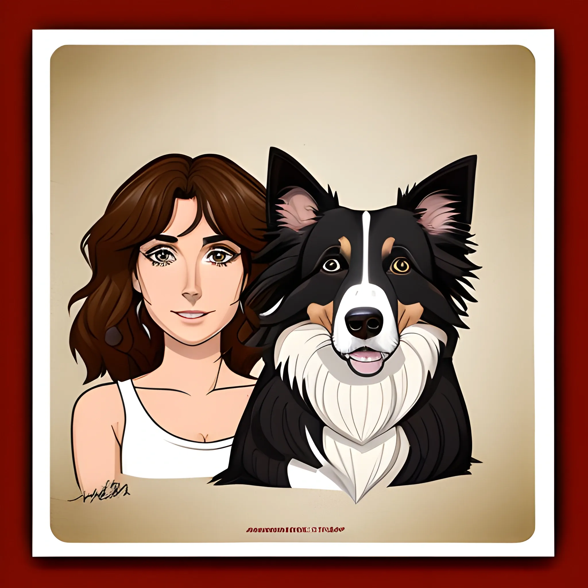 Generar dos personajes hombre y mujer con un perro border collie marron
