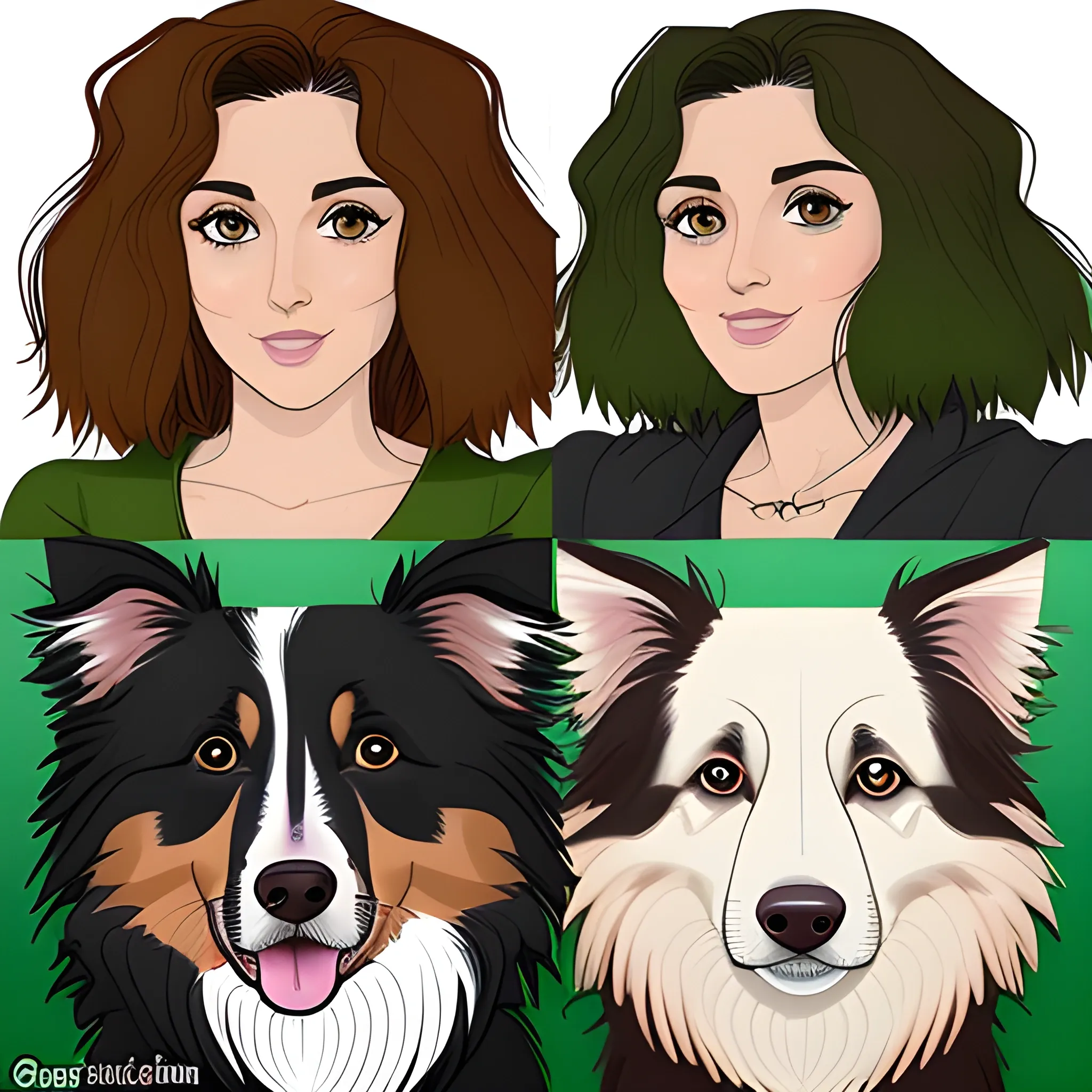 Generar tres personajes hombre y mujer con un perro border collie de color marron, la mujer tiene los ojos verdes
