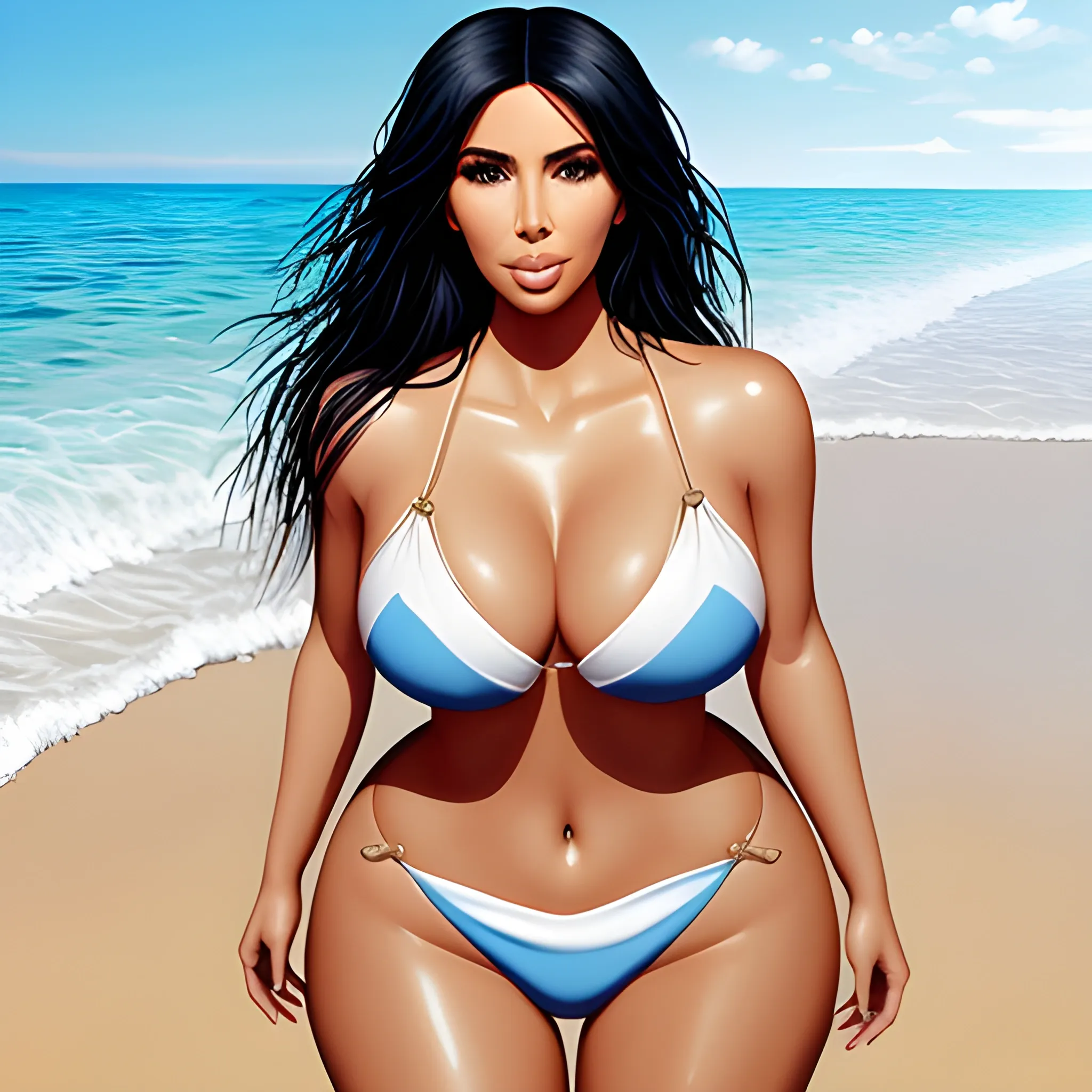 Kim Kardashian at the beach, bikini, realistic