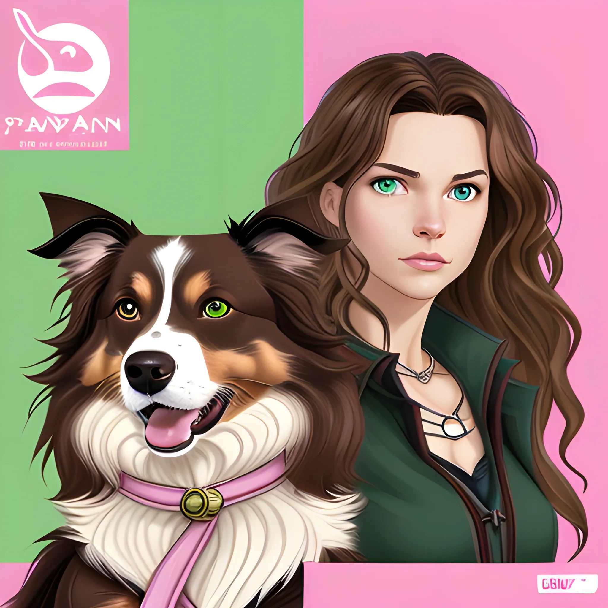 Spawn three characters in the same box a man with short wavy brown hair brown eyes and an elongated face, woman with long wavy brown hair, green eyes full lips and an oval face, a brown border collie dog with a pink muzzle


, Cartoon