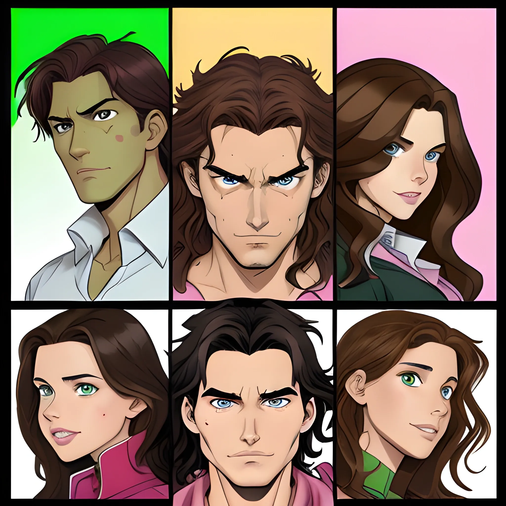 Spawn three characters in the same box, a man with short wavy brown hair brown eyes and an elongated face with a woman with long wavy brown hair, green eyes full lips and an oval face and with  a brown border collie dog with a pink muzzle


, Cartoon