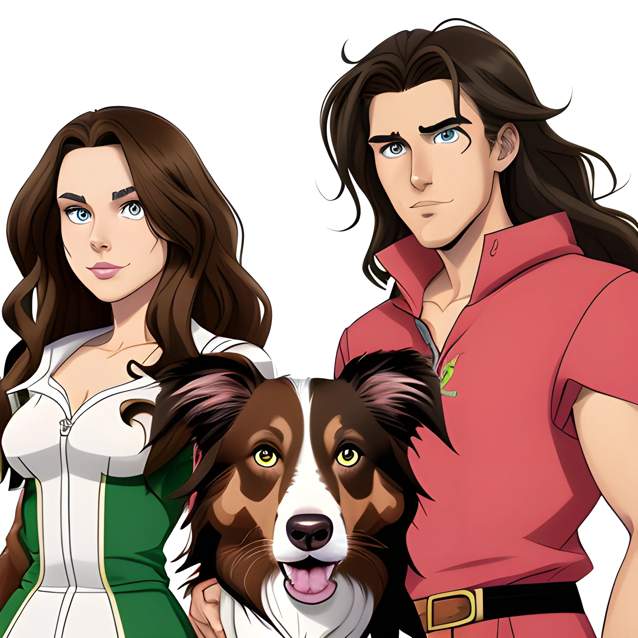 Spawn three characters in the same box, a man with short wavy brown hair brown eyes and an elongated face with a woman with long wavy brown hair green eyes full lips and an oval face and with  a brown border collie dog with a pink muzzle


, Cartoon