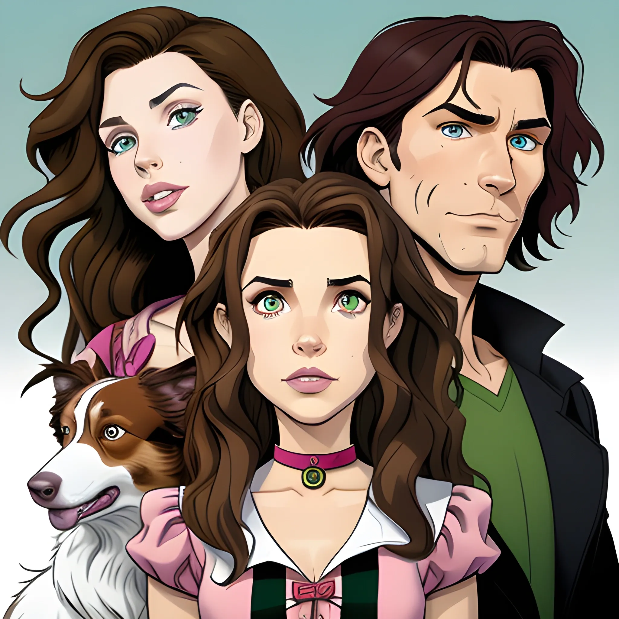 Spawn three characters in the same box, a man with short wavy short brown hair and brown eyes and an elongated face with a woman with long wavy brown hair and green eyes and big lips and an oval face and with a brown border collie dog with a pink snout 


, Cartoon