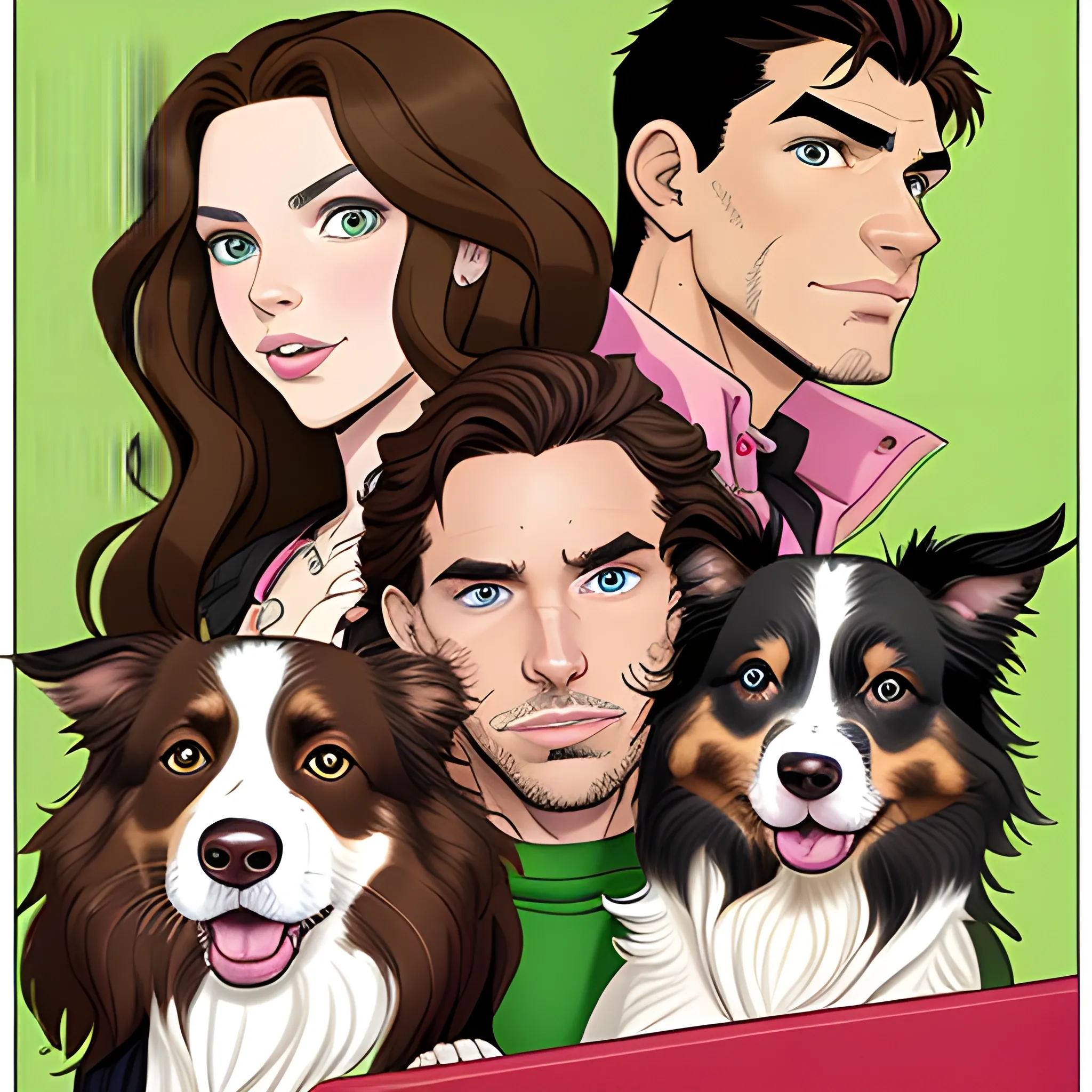 Spawn three characters in the same box, a man with short wavy short brown hair and brown eyes and an elongated face with a woman long wavy brown hair and green eyes and big lips and an oval face and with a brown border collie dog with a pink snout 


, Cartoon