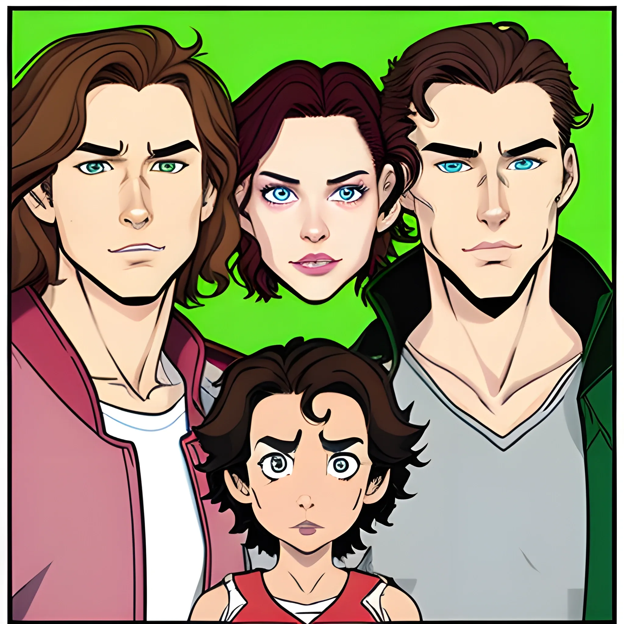 Spawn three characters in the same box, one man with short wavy short brown hair and brown eyes and an elongated face with one woman long wavy brown hair and green eyes and big lips and an oval face and with one  brown border collie dog with a pink snout 


, Cartoon