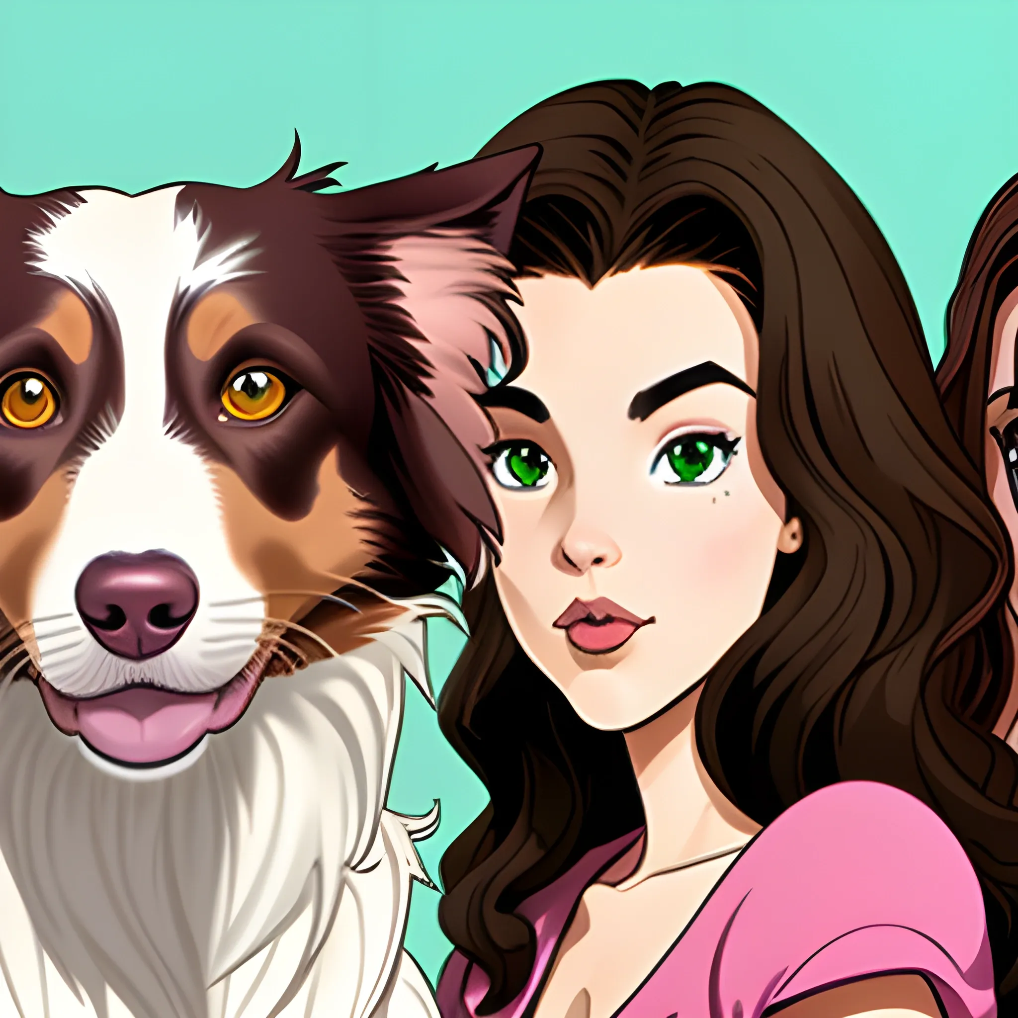 Spawn three characters in the same box, one man with short wavy short brown hair and brown eyes and an elongated face with one woman long wavy brown hair and green eyes and big lips an oval face and with one  brown border collie dog with a pink snout 


, Cartoon