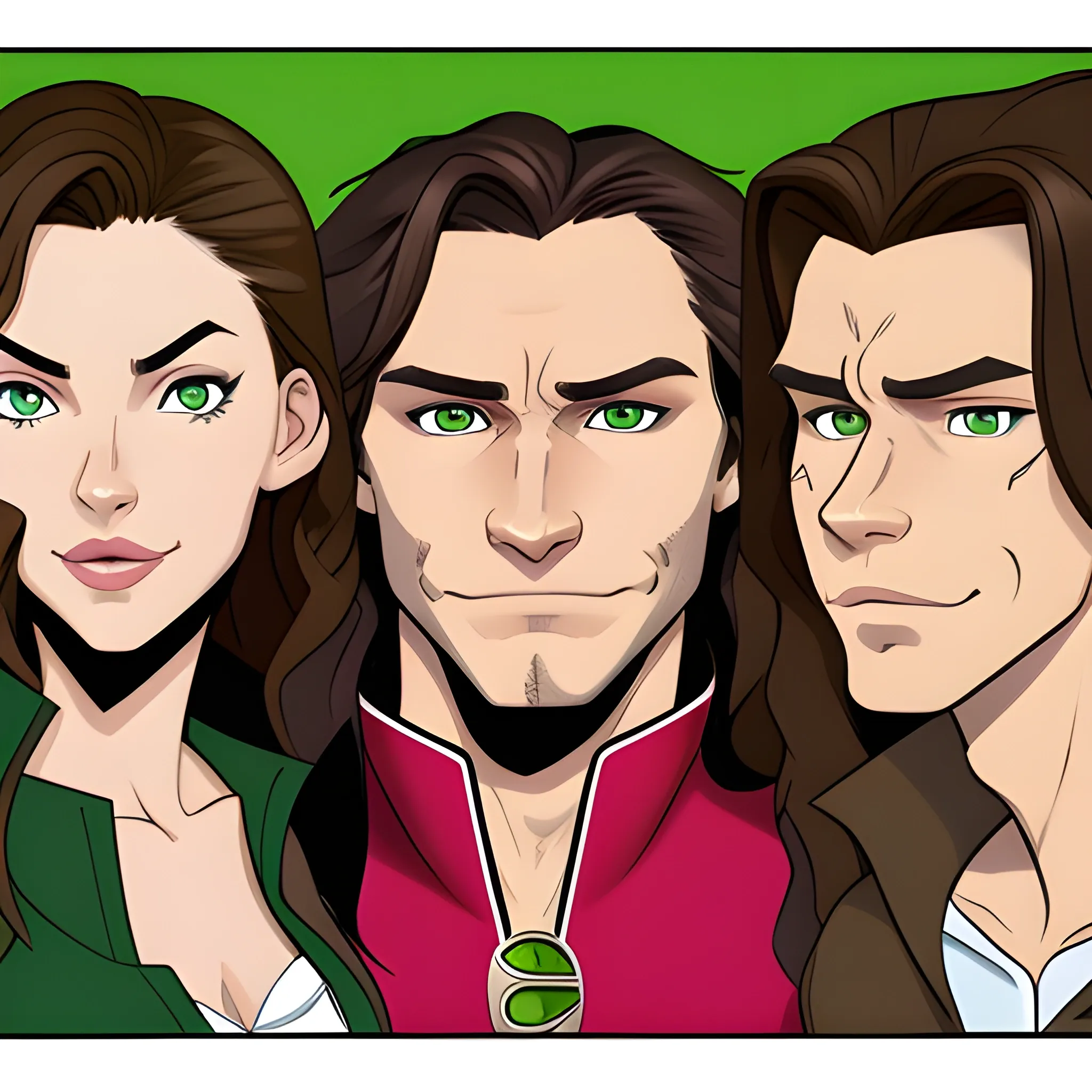 Spawn three characters in the same box, a man with short wavy brown hair brown eyes and an elongated face with a woman with long wavy brown hair green eyes full lips and an oval face and with  a brown border collie dog with a pink muzzle


, Cartoon