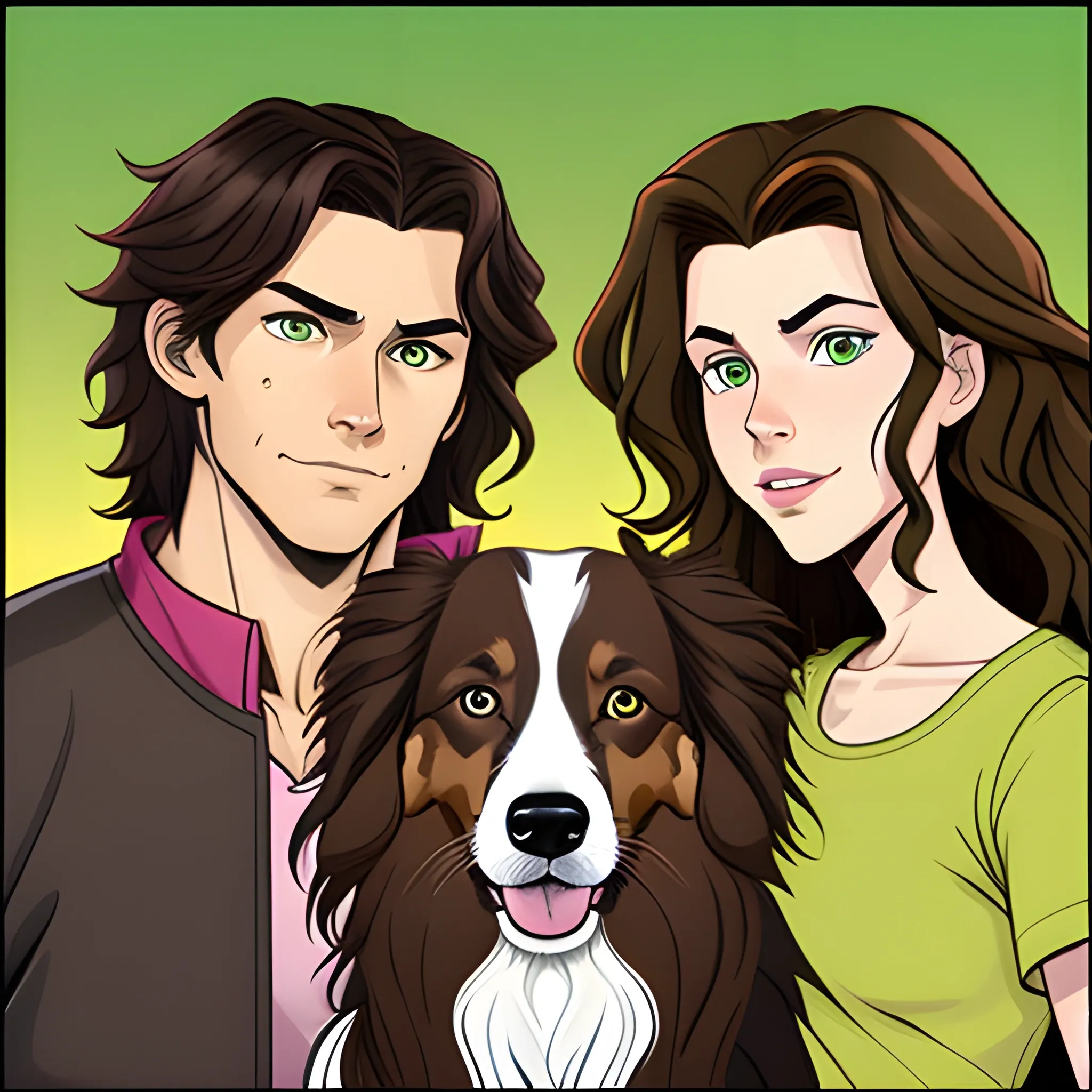 Spawn three characters in the same box, a man with short wavy brown hair brown eyes and an elongated face with a woman with long wavy brown hair green eyes full lips and an oval face and with one brown border collie dog with a pink muzzle


, Cartoon