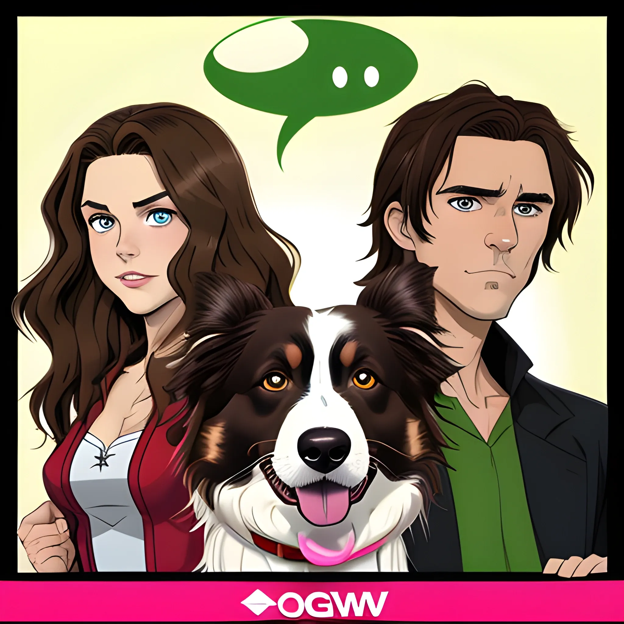 Spawn three characters in the same box, a man with short wavy brown hair brown eyes and an elongated face with a woman with long wavy brown hair green eyes full lips and an oval face and with one brown border collie dog with a muzzle pink


, Cartoon