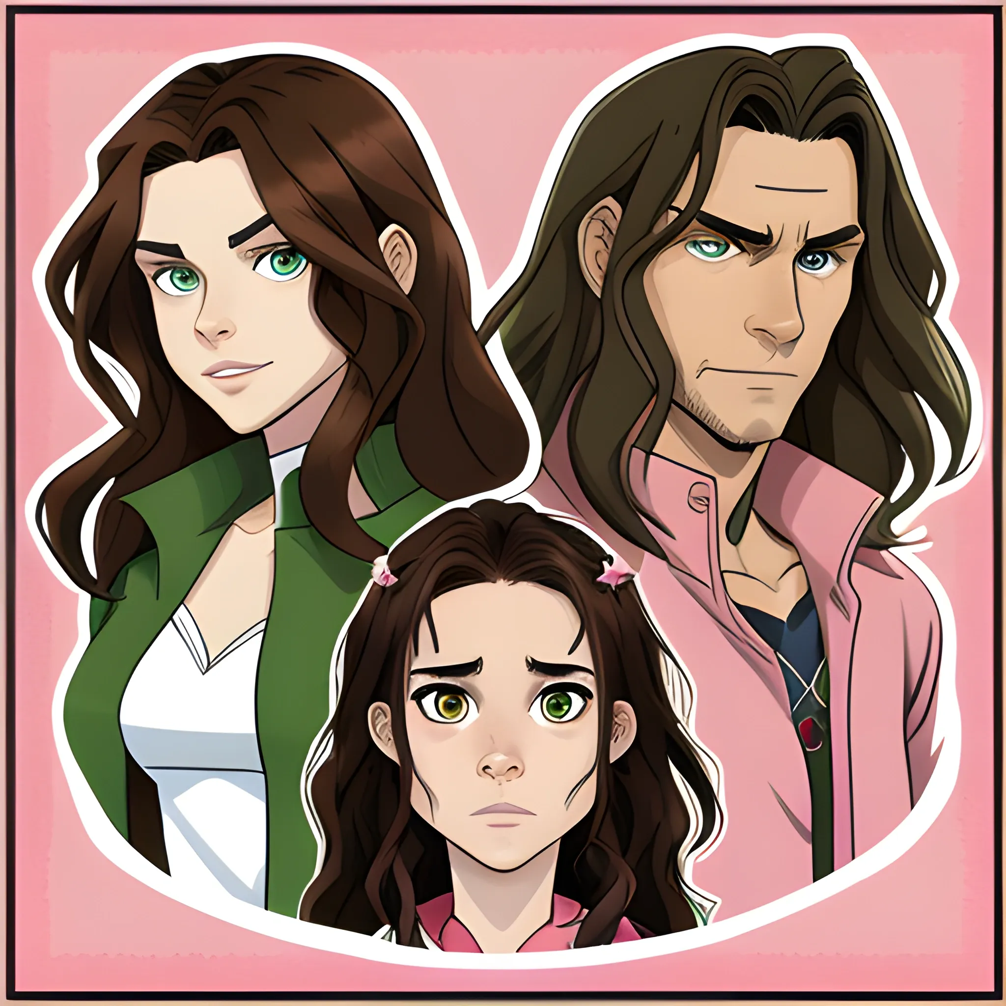 Spawn three characters in the same box, a man with short wavy brown hair brown eyes and an elongated face with a woman with long wavy brown hair green eyes full lips and an oval face and with one brown border collie dog with a muzzle pink


, Cartoon