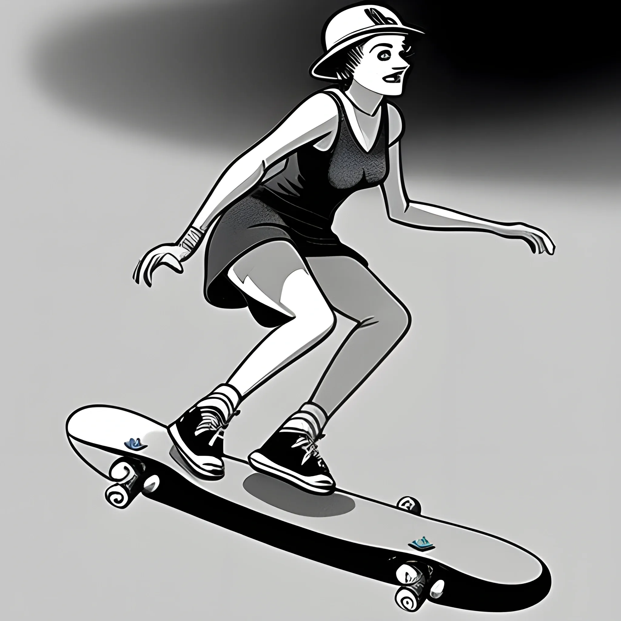 woman on a skateboard, realistic, 1930's , Cartoon