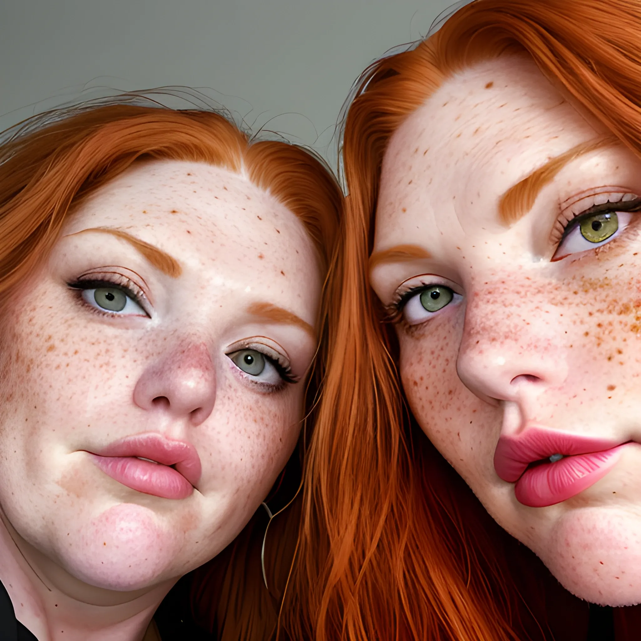 Two tall beautiful plus sized, buxom, ample, early middle-aged American Women, long straight ginger hair, full lips, full face, freckles, fitted red and black, looking down at the camera, up close pov, detailed 