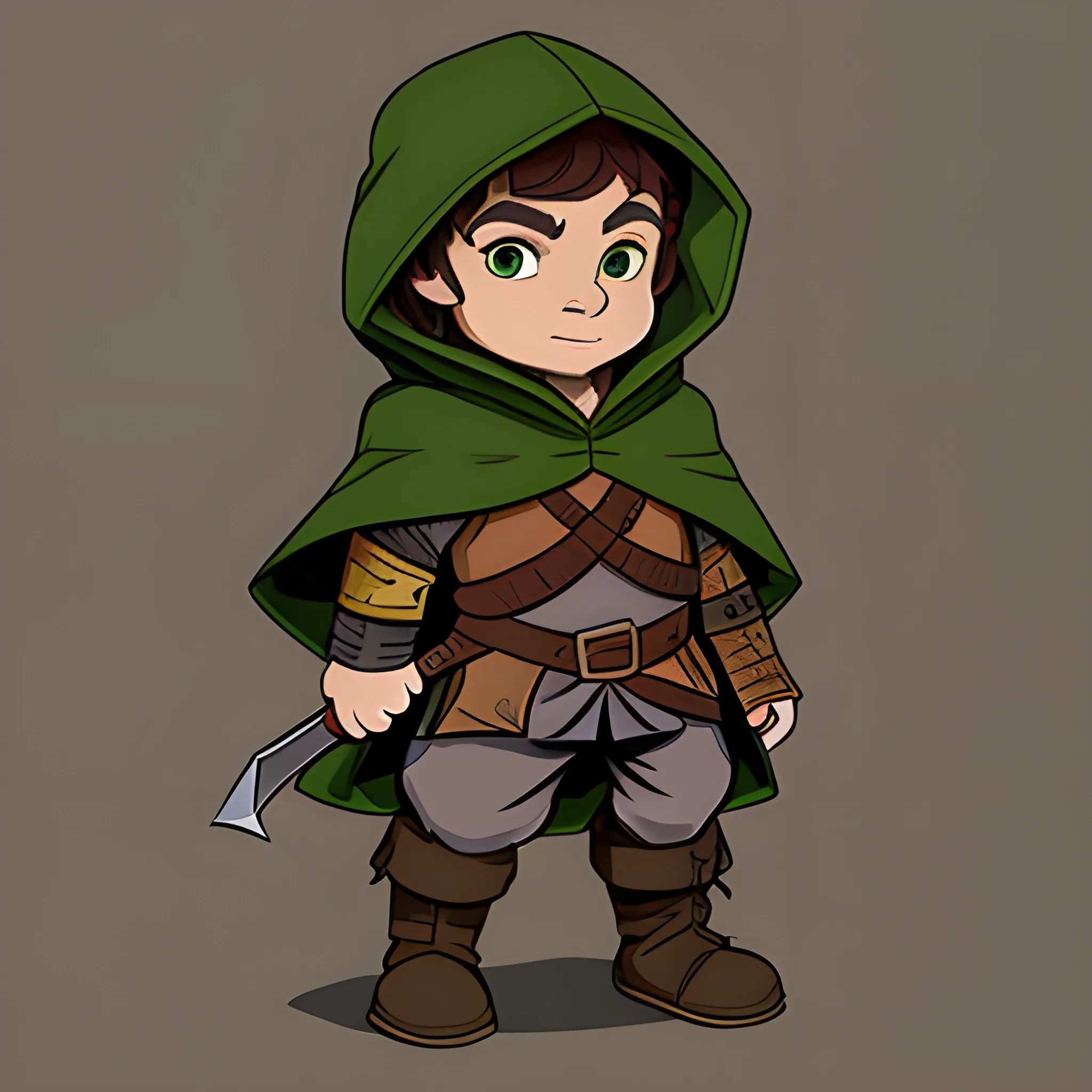 dungeons and dragons, halfling, rogue, green eyes, brown hair, tan skin, hooded cloak, short, black outfit, green trim, Cartoon, sword, parchment