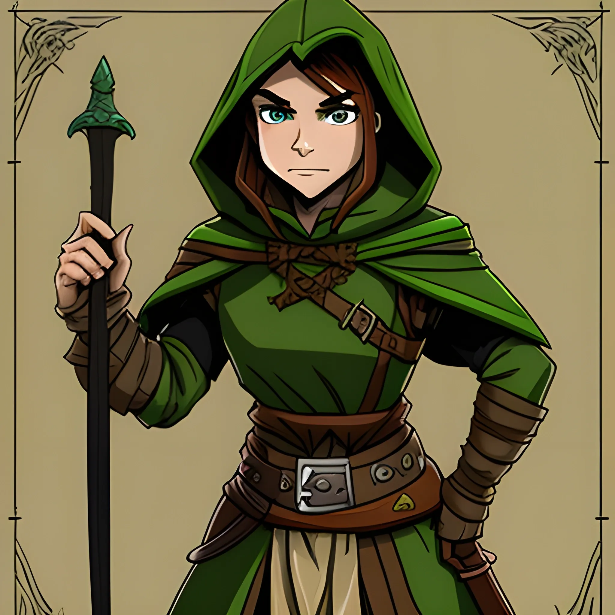 dungeons and dragons, dwarf, rogue, adventurer green eyes, brown hair, tan skin, hooded cloak, short, black outfit, green trim, Cartoon, sword, parchment