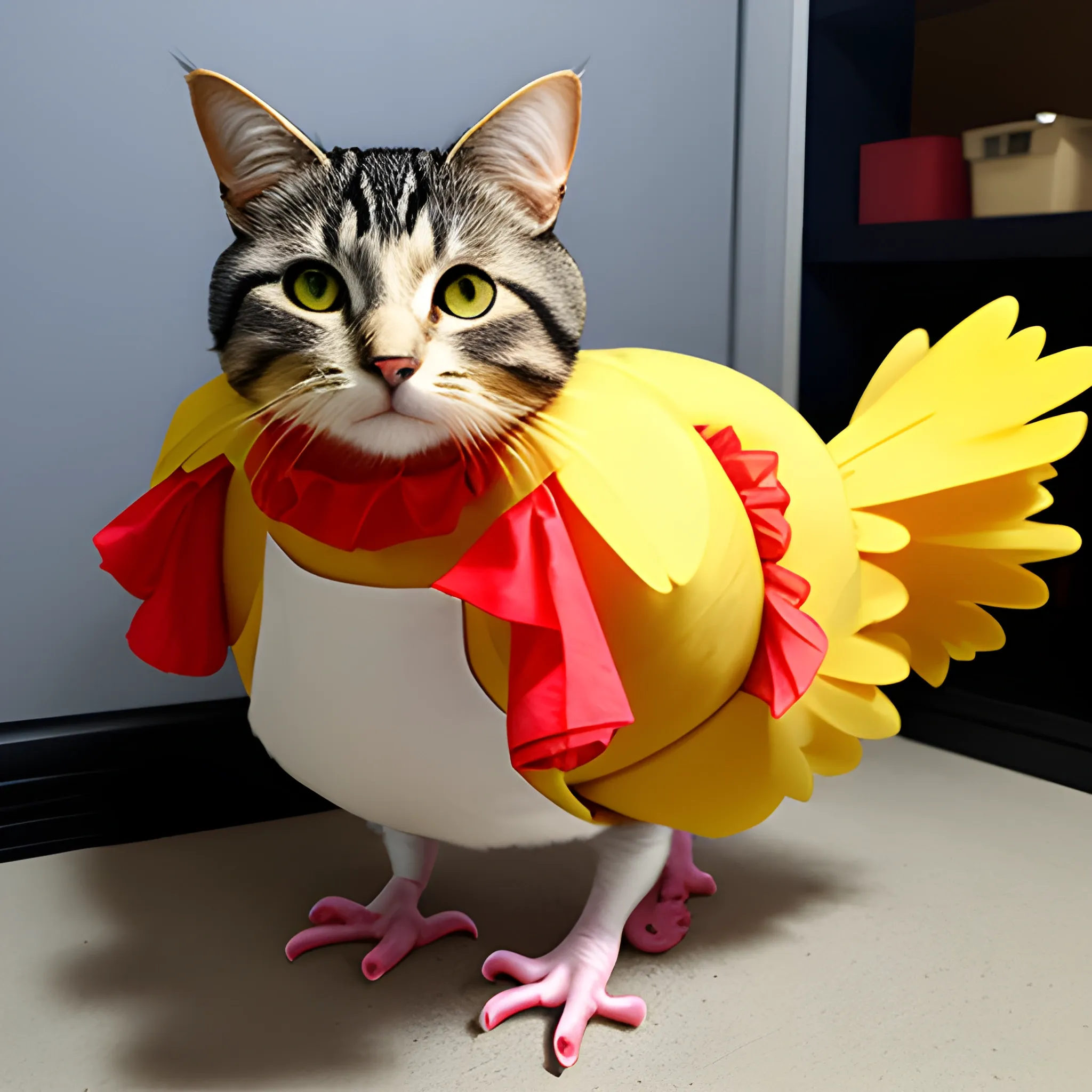 chicken dressed as a cat
