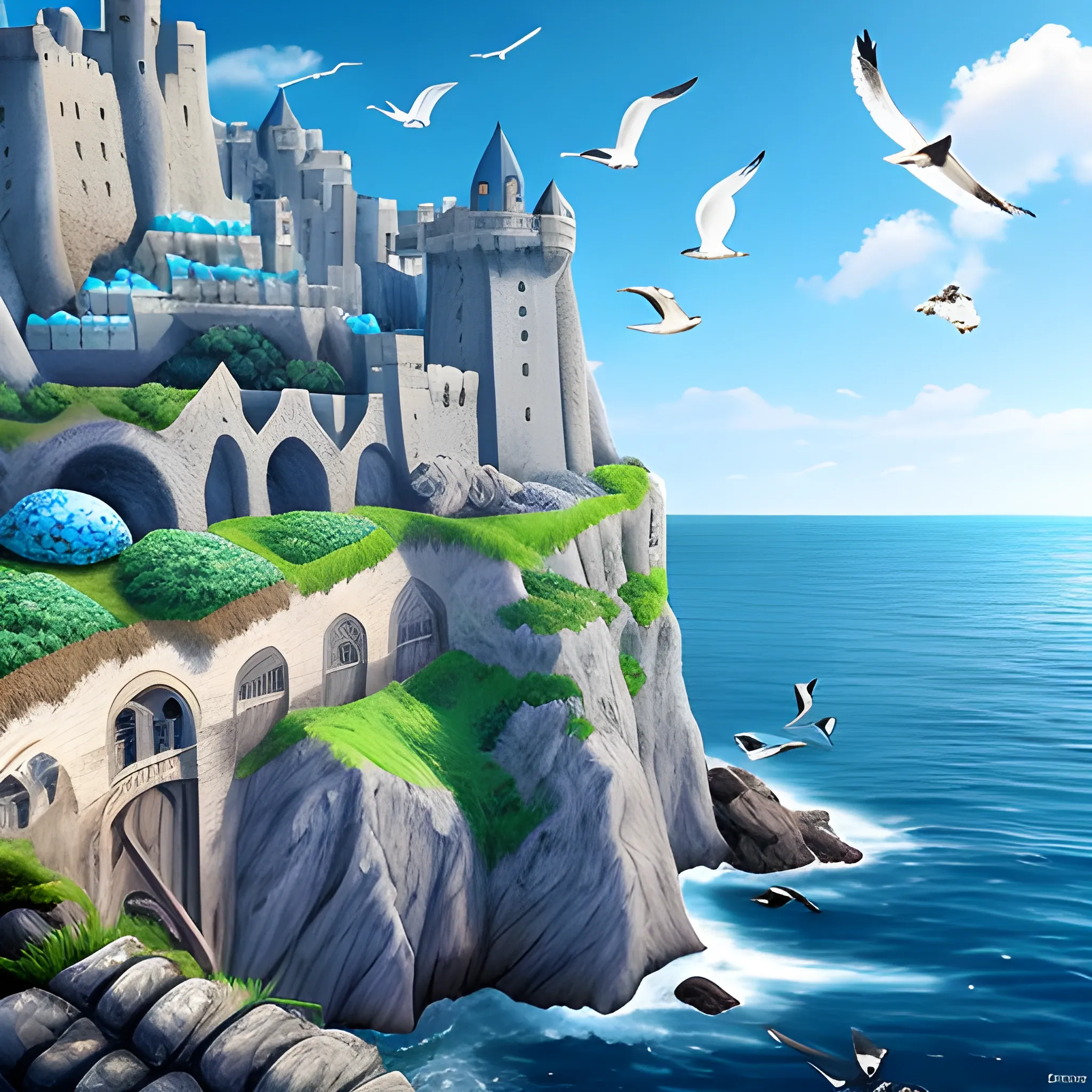 Stone fortress high above ocean on cliff. Huge city beneath. Seagulls. Blue colours. Medieval. Fantasy. Shells