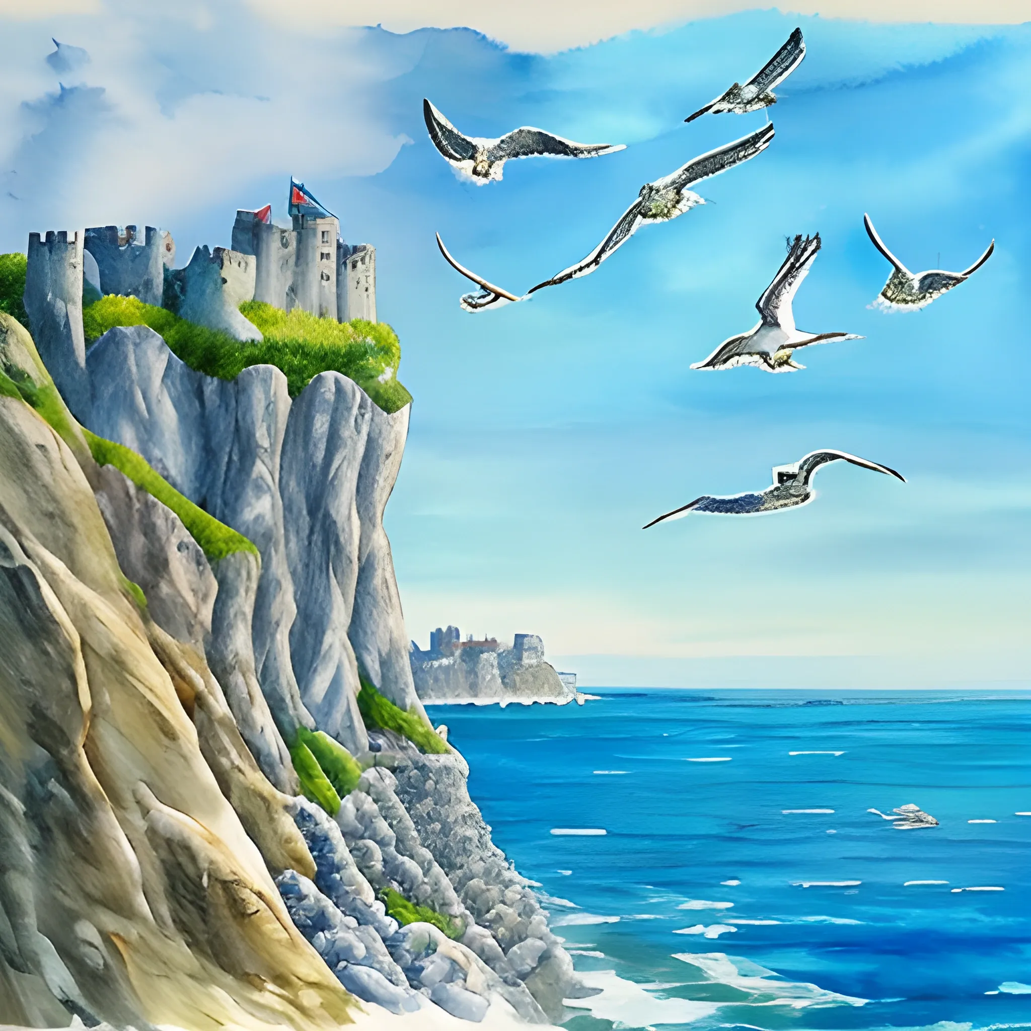 Stone fortress high above ocean on cliff. Huge city beneath. Seagulls. Blue colours. Medieval. Fantasy. Shells, Water Color