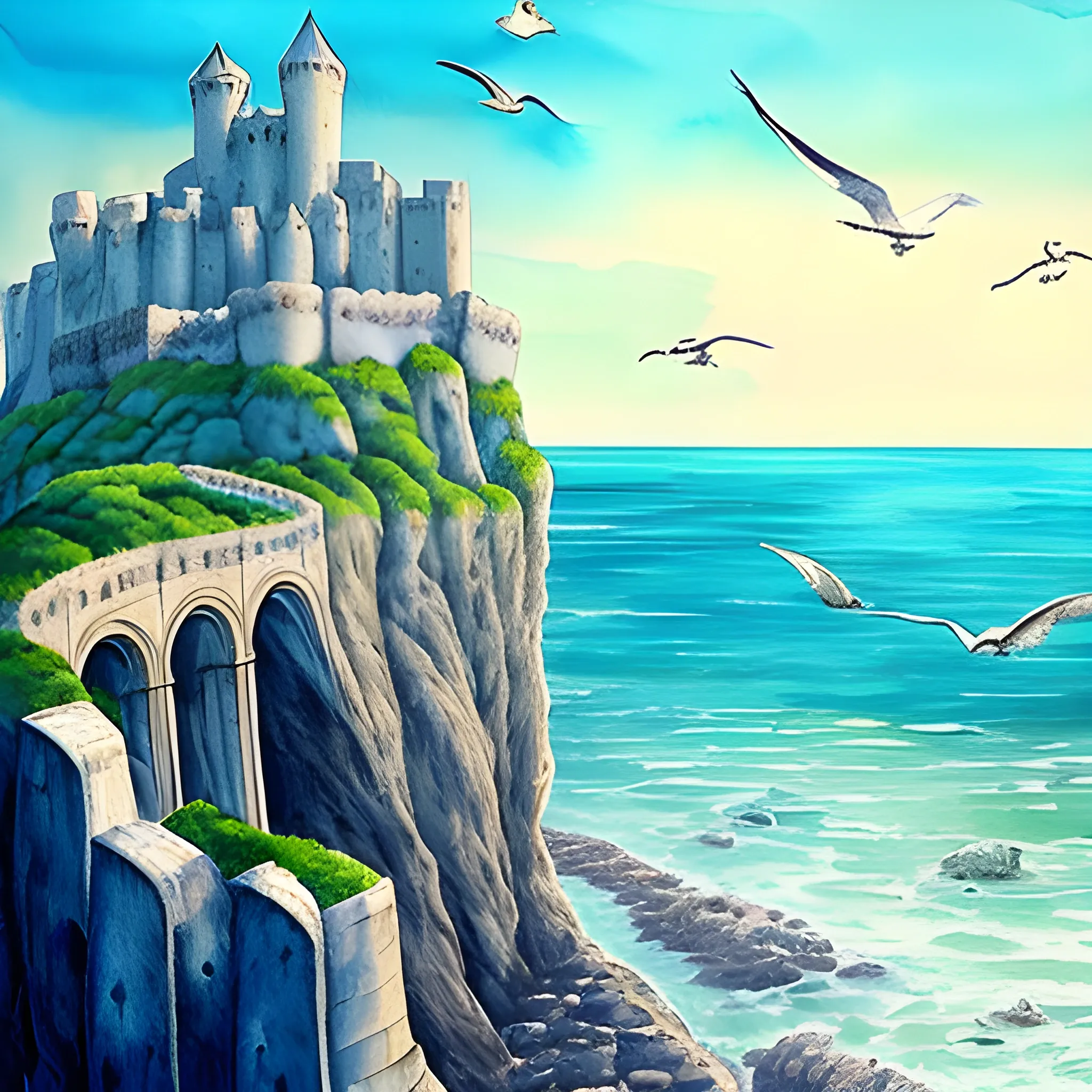 Stone fortress high above ocean on cliff. Huge city beneath. Seagulls. Blue colours. Medieval. Fantasy. Shells, Water Color, Trippy