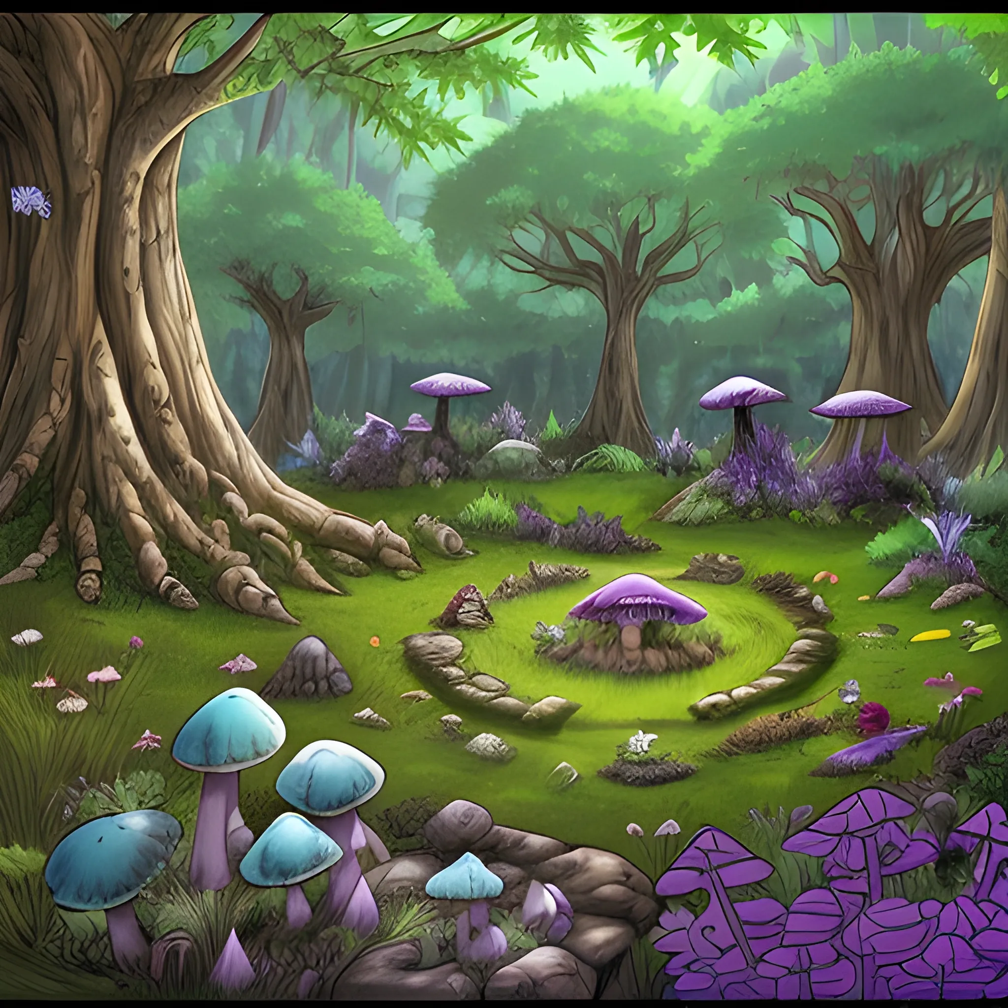 dungeons and dragons, forest, mushrooms, grass, flowers, plants, trees, oaks, pines, bush, cartoon, green, brown, emerald, blue, purple, pink, mystic