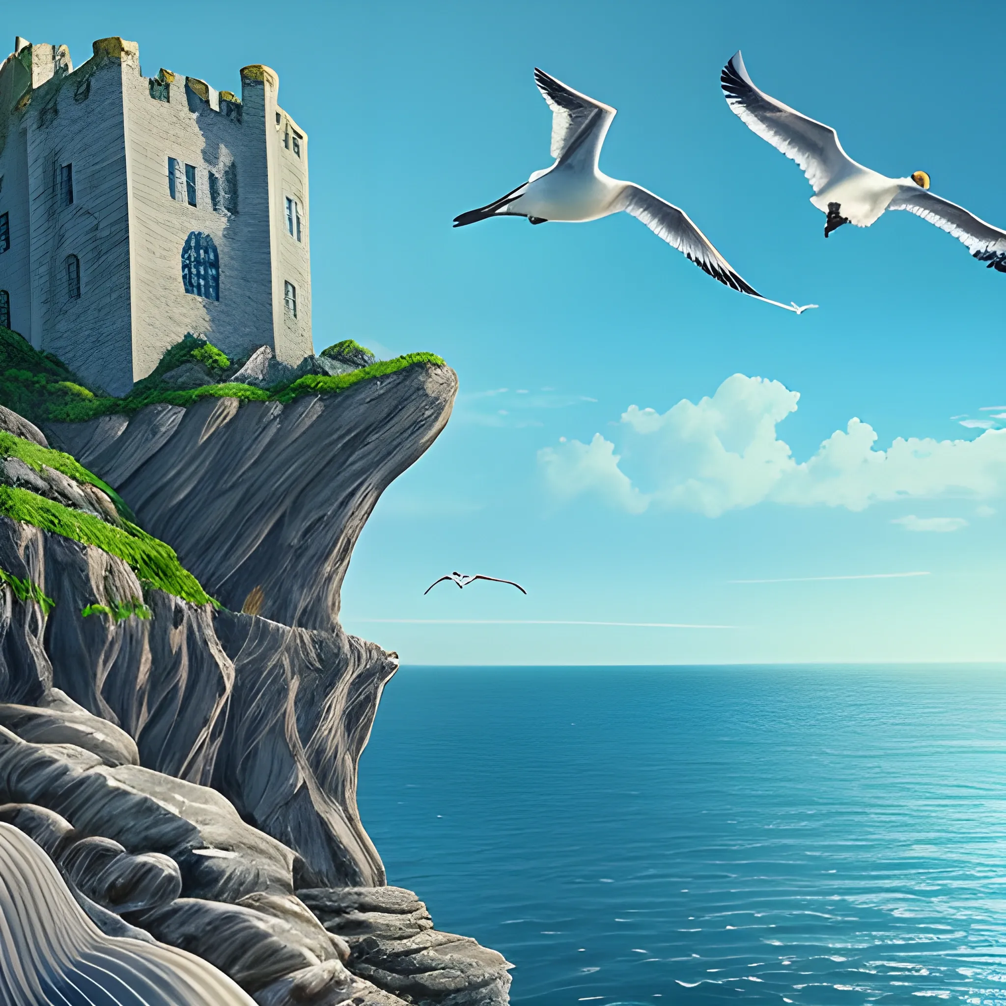 Stone fortress high above ocean on cliff. Huge city beneath. Seagulls. Blue colours. Medieval. Fantasy. Shells