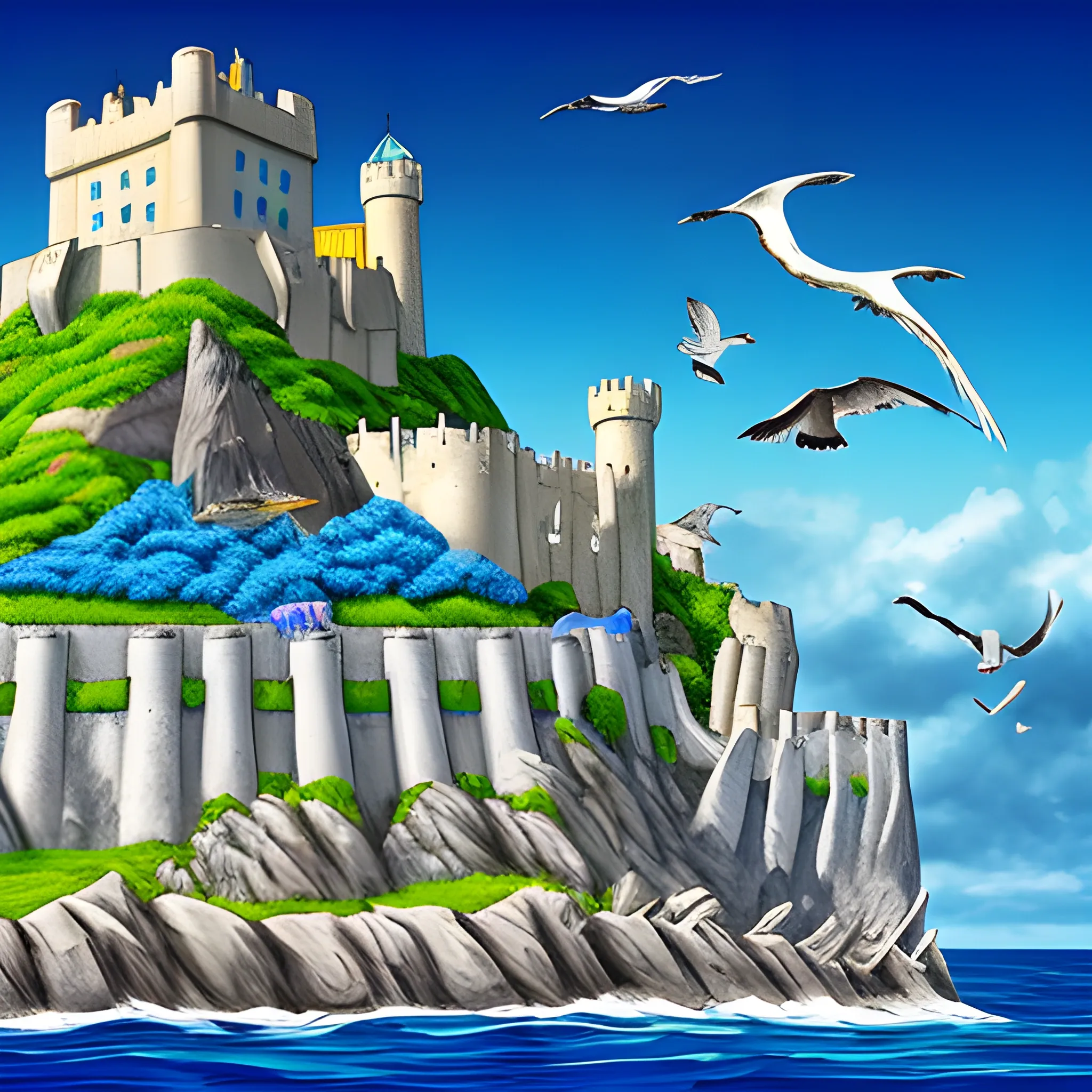 Stone fortress high above ocean. Huge city beneath. Seagulls. Blue colours. Medieval. Fantasy. Shells