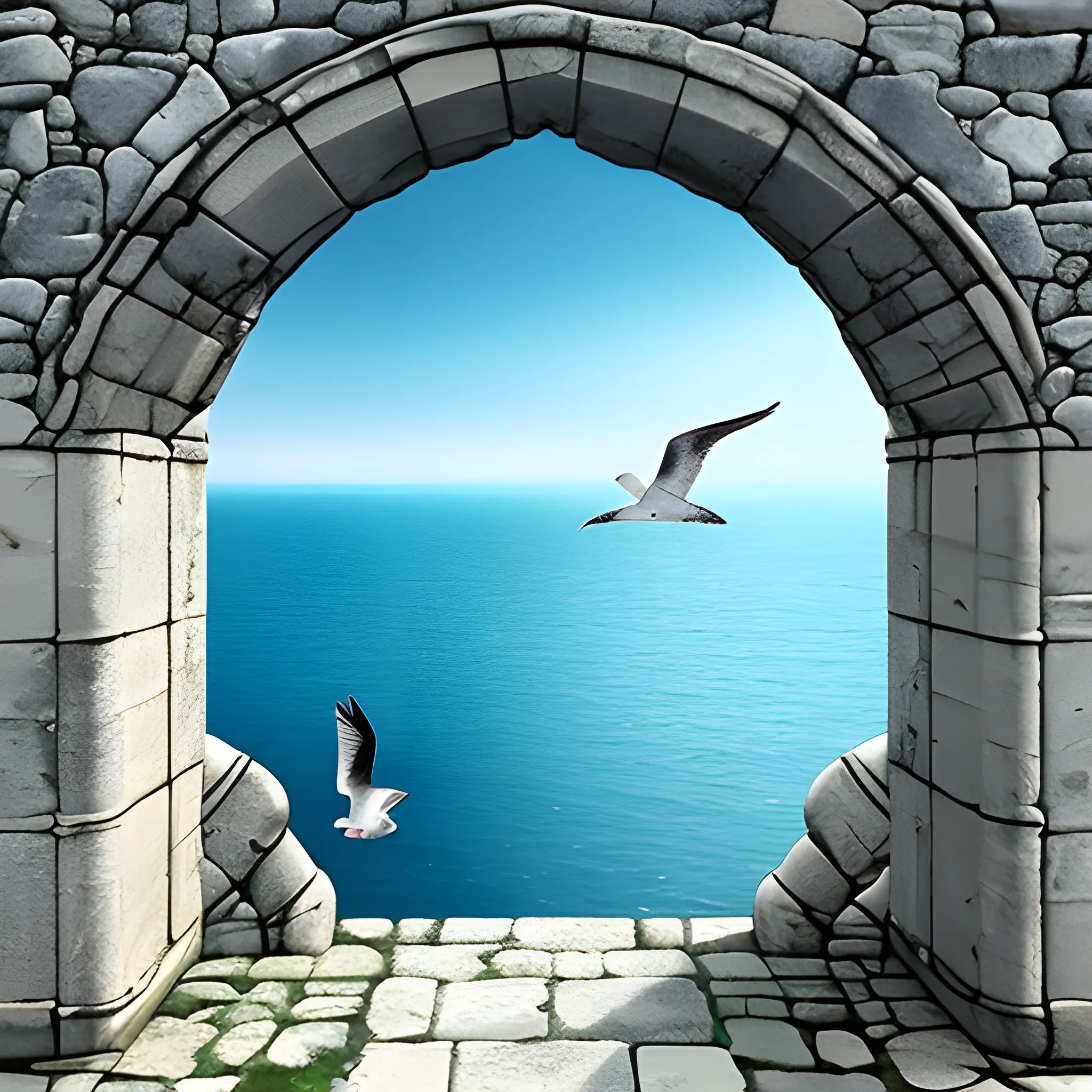 Stone fortress high above ocean. Huge city beneath. Seagulls. Blue colours. Medieval. Fantasy. Shells