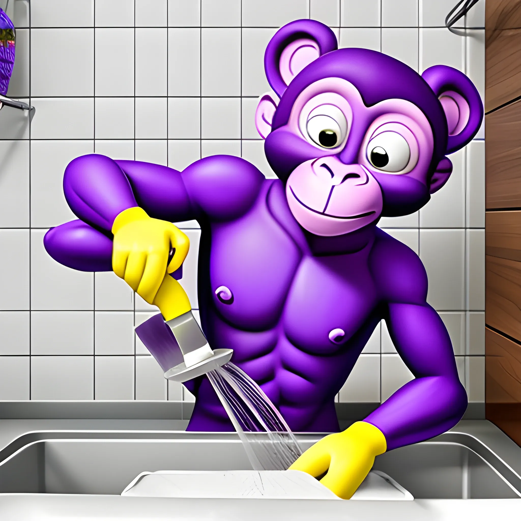 Purple Monkey washing dishes.
