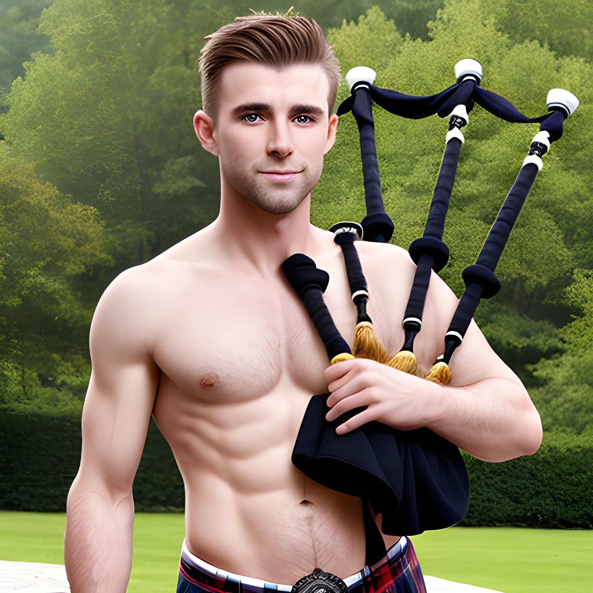 Handsome shirtless bagpipe player