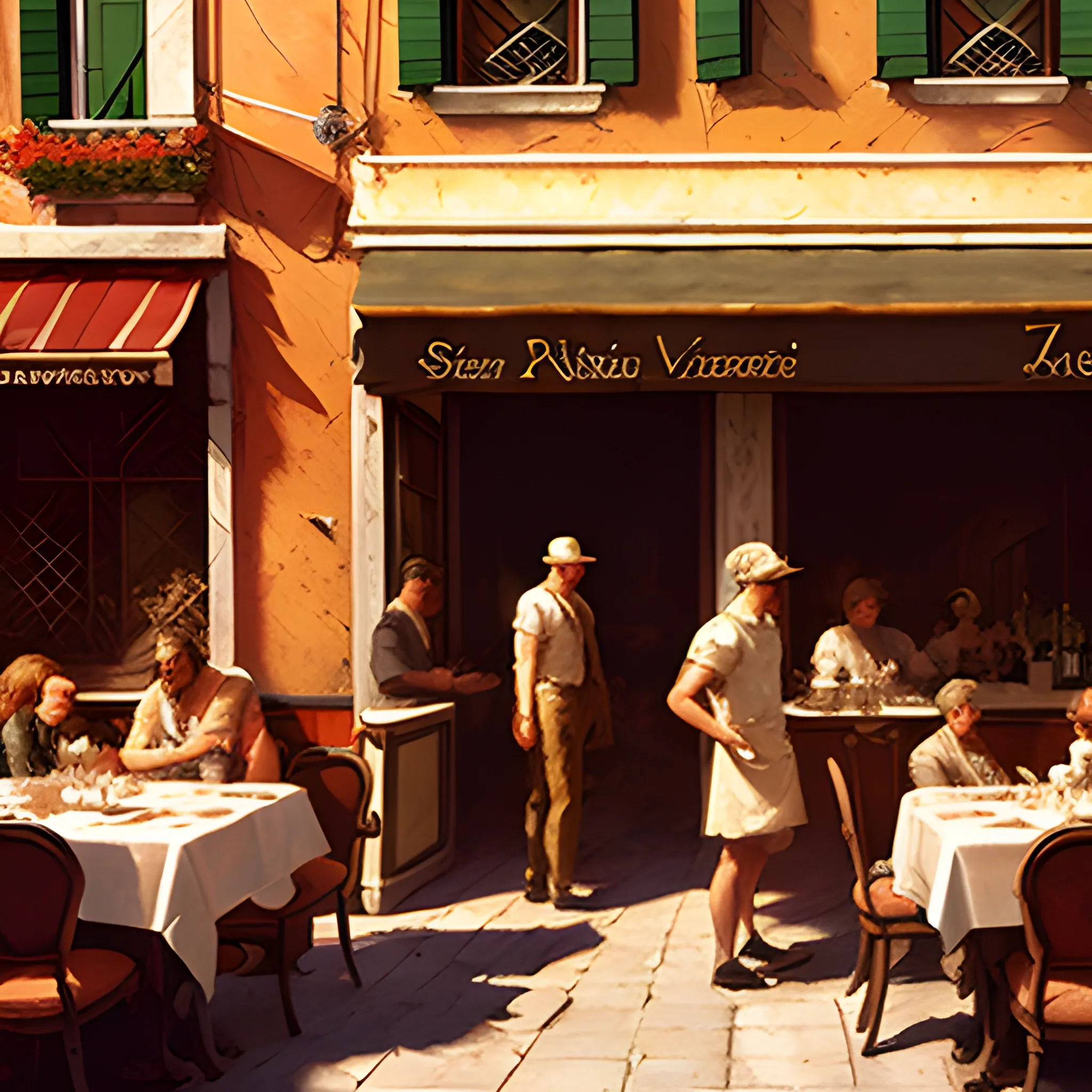 italian restaurant in venice, sunny, shadows, craig mullins 