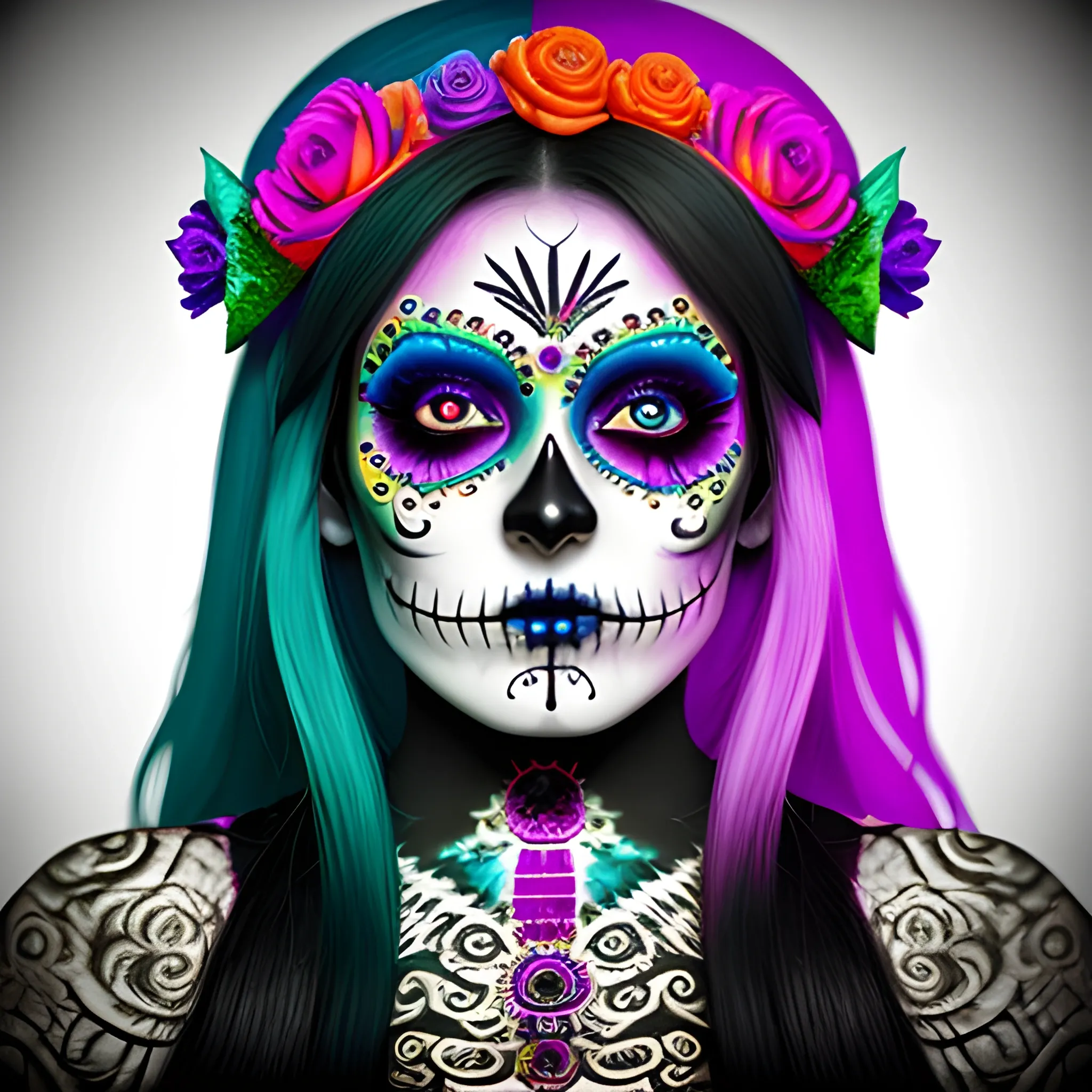 Priestess Day of the Dead makeup, bright colors, Trippy, 3D