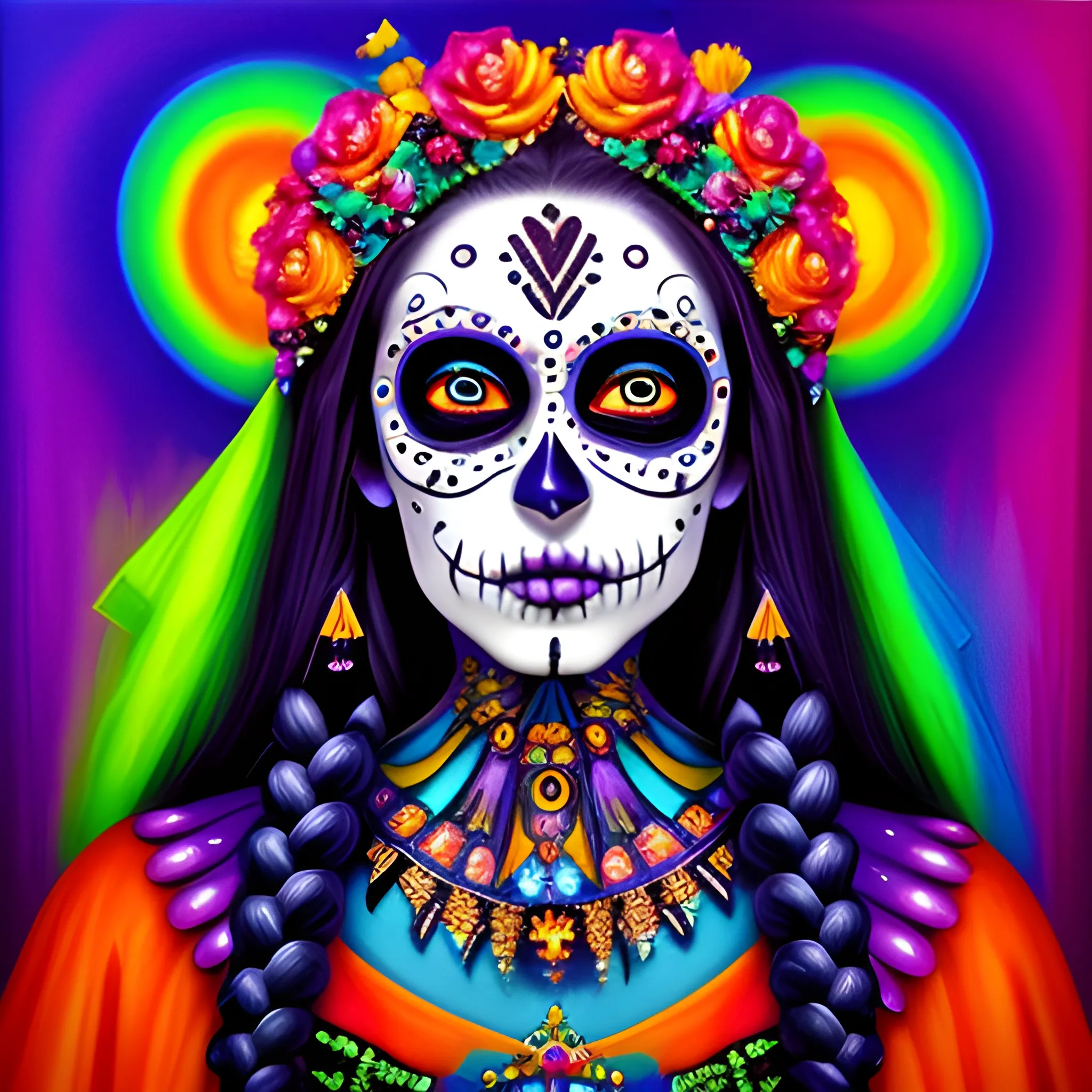 Priestess Day of the Dead makeup, bright colors, Trippy, 3D, Oil Painting