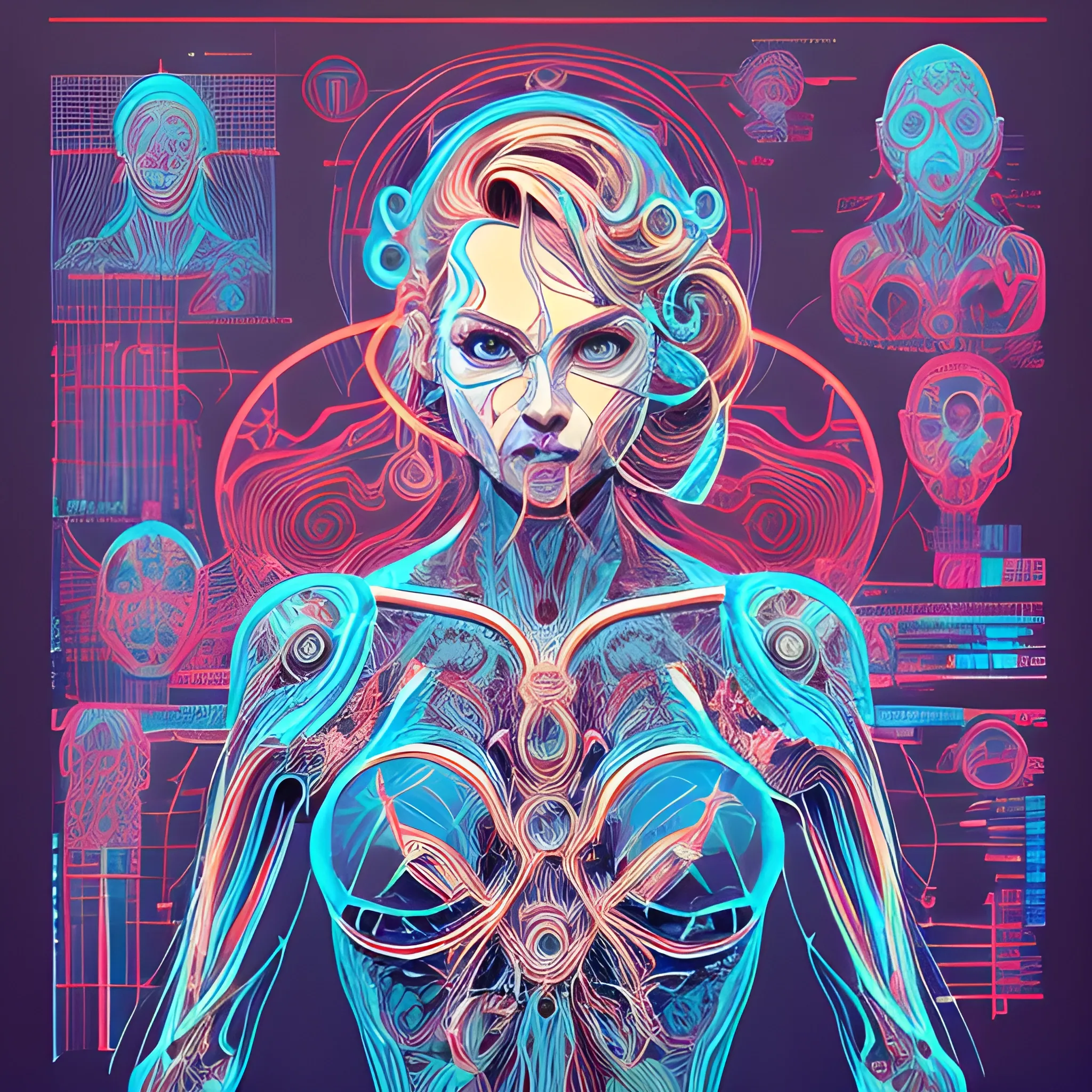 A schematic representation of a woman, represented in symbolic form, conventional, formal nonrepresentational, a style of art in which objects do not resemble those known in physical nature,  schematic ,anatomical precision, female figure, detailed features, schematic style, complexity, bright colors, Dan Mumford art, sci-fi, hyper-detailed art,  digital illustration