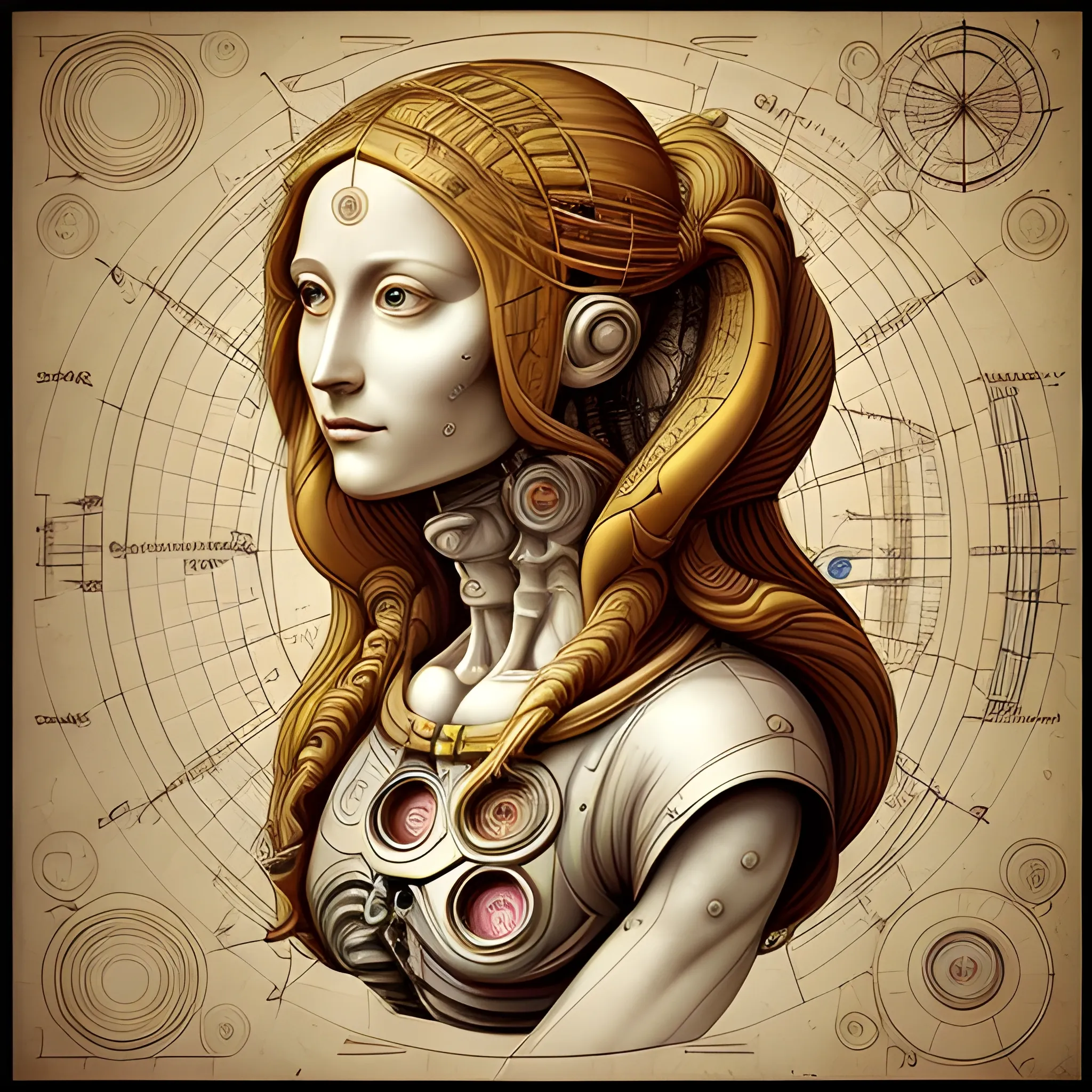 A schematic representation of a woman, represented in symbolic form, conventional, formal nonrepresentational, a style of art in which objects do not resemble those known in physical nature,  schematic ,anatomical precision, female figure, detailed features, schematic style, complexity, bright colors,  by Leonardo da Vinci , sci-fi, hyper-detailed art,