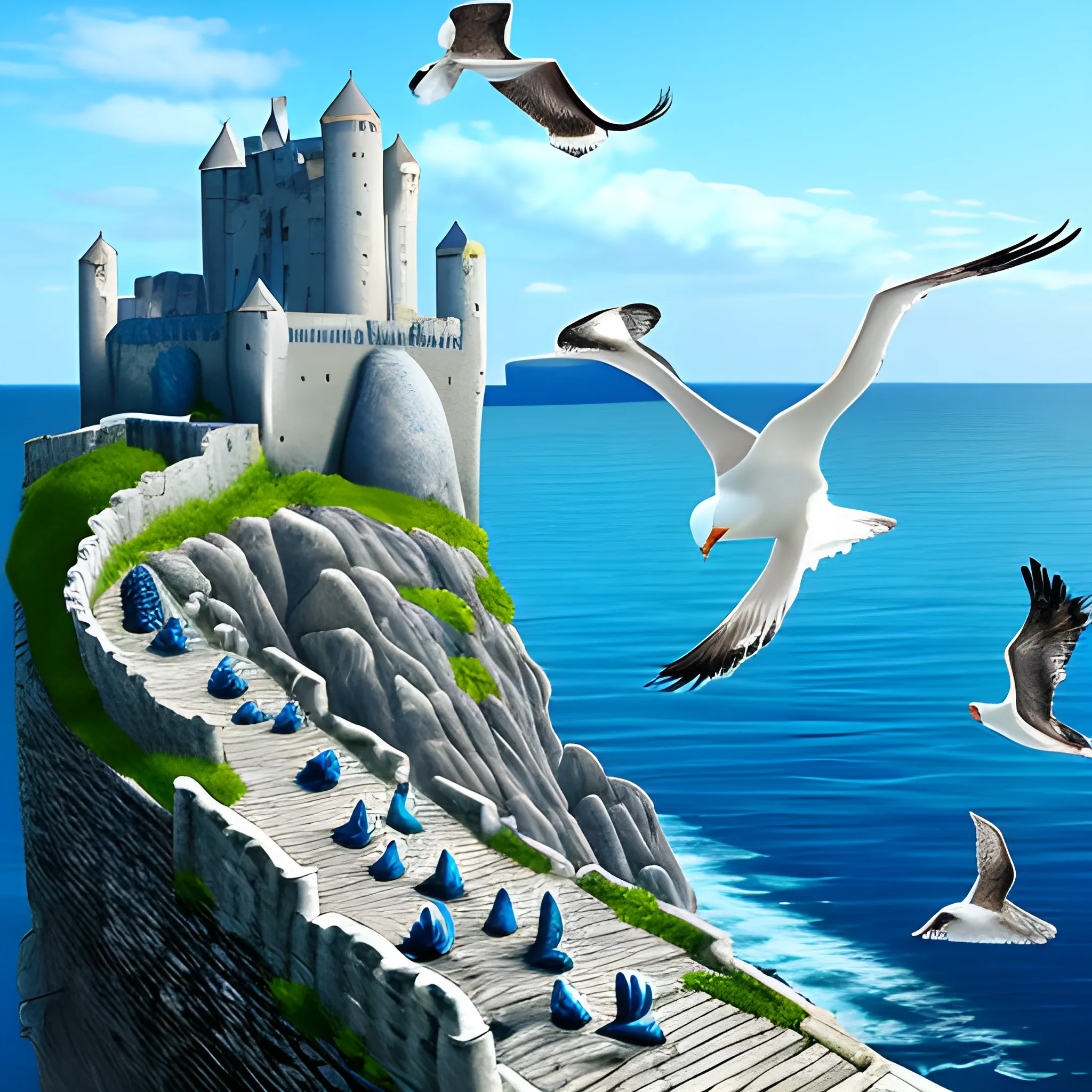 Stone fortress high above ocean. Huge city beneath. Seagulls. Blue colours. Medieval. Fantasy. Shells