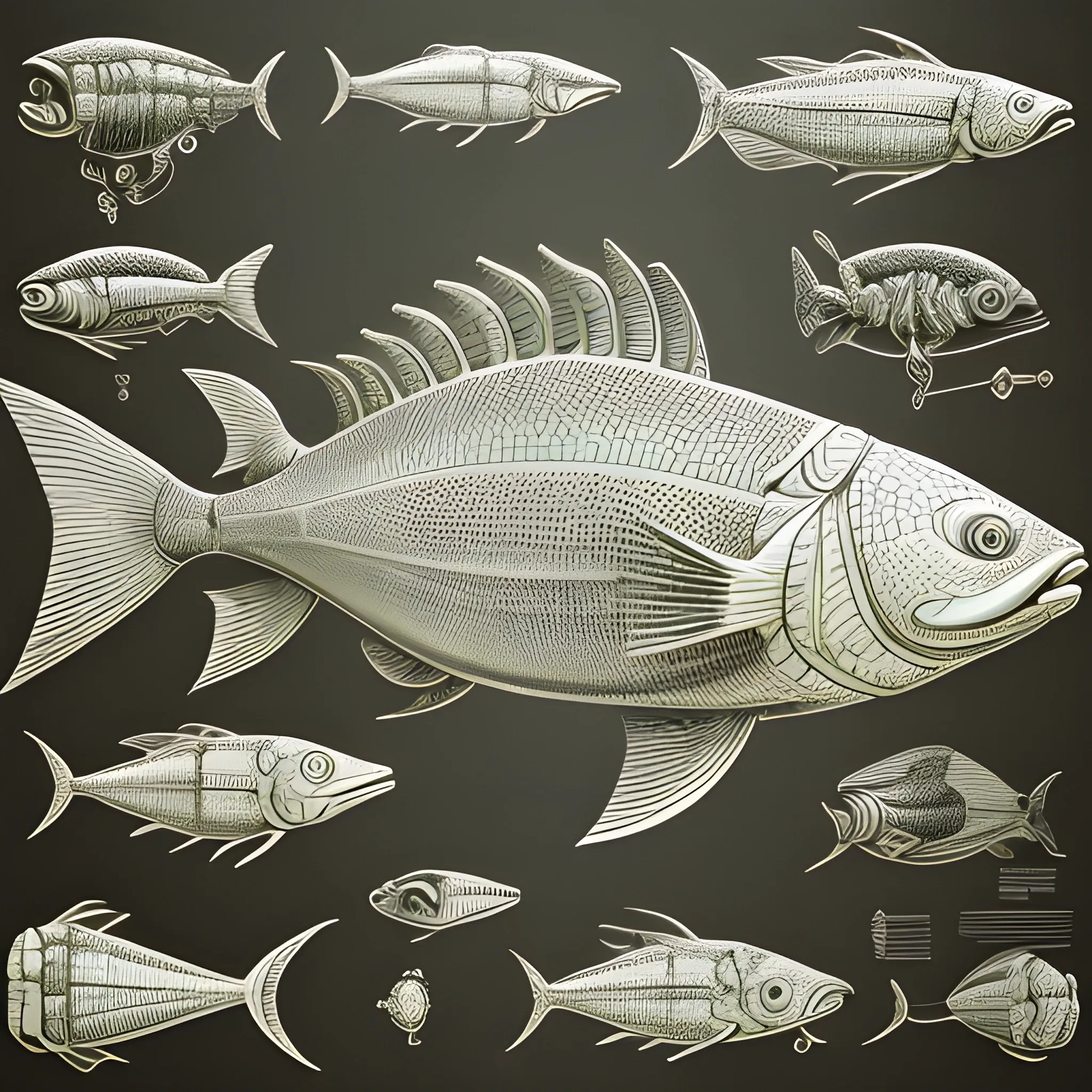 A schematic representation of a big fish, represented in simplified and  symbolic form, conventional, formal nonrepresentational, a style of art in which objects do not resemble those known in physical nature,  schematic ,anatomical precision, detailed features, schematic style, complexity, by Leonardo da Vinci, sci-fi, hyper-detailed art, 4D, Trippy
