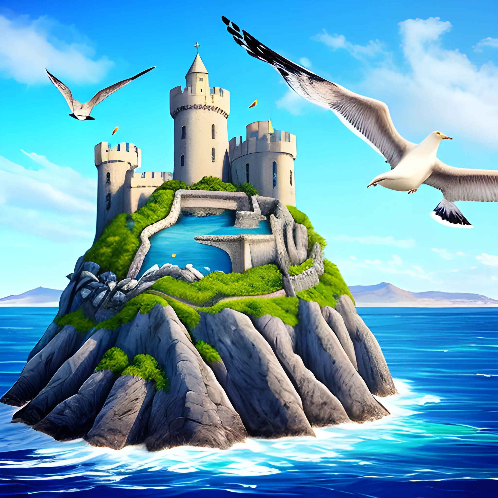 Stone fortress high above ocean. Huge city beneath. Seagulls. Blue colours. Medieval. Fantasy. Shells