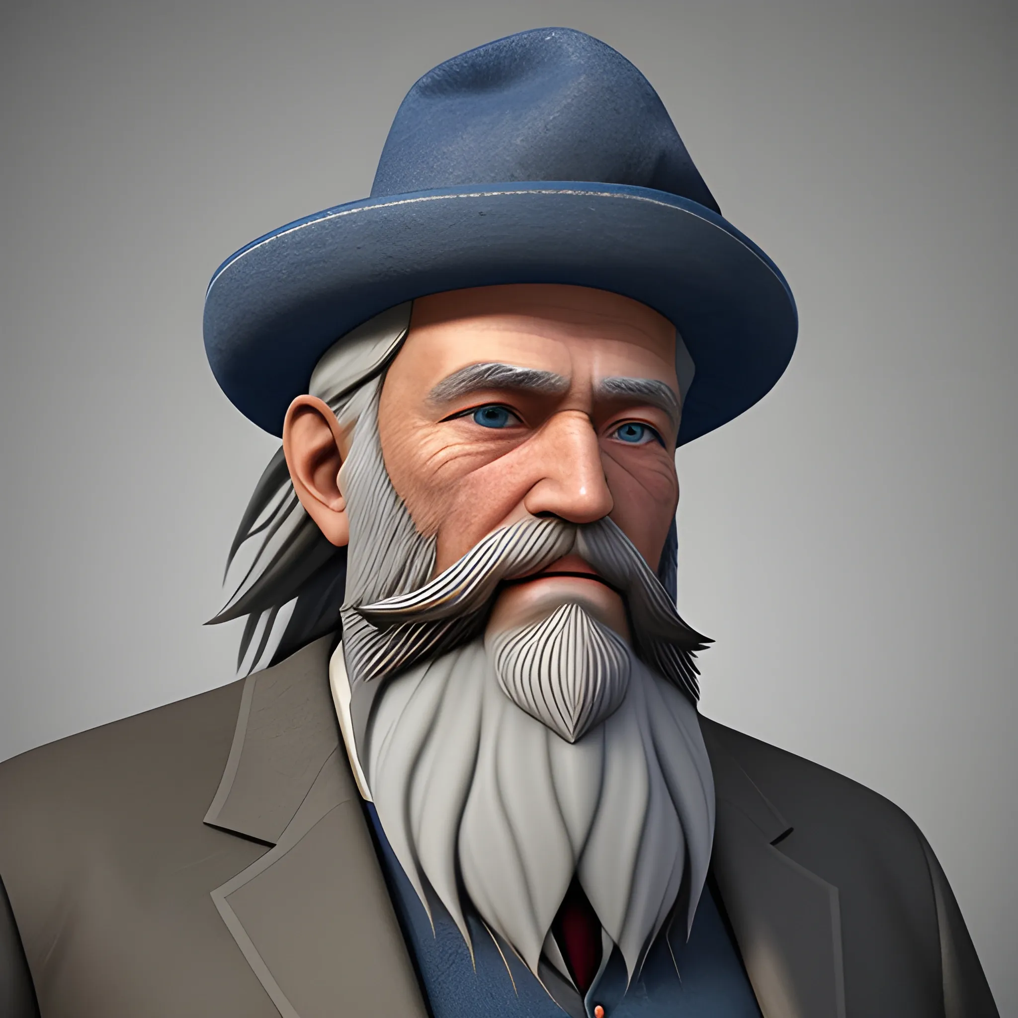 a long bearded old man with grey rare hairs and beard. blue inte ...