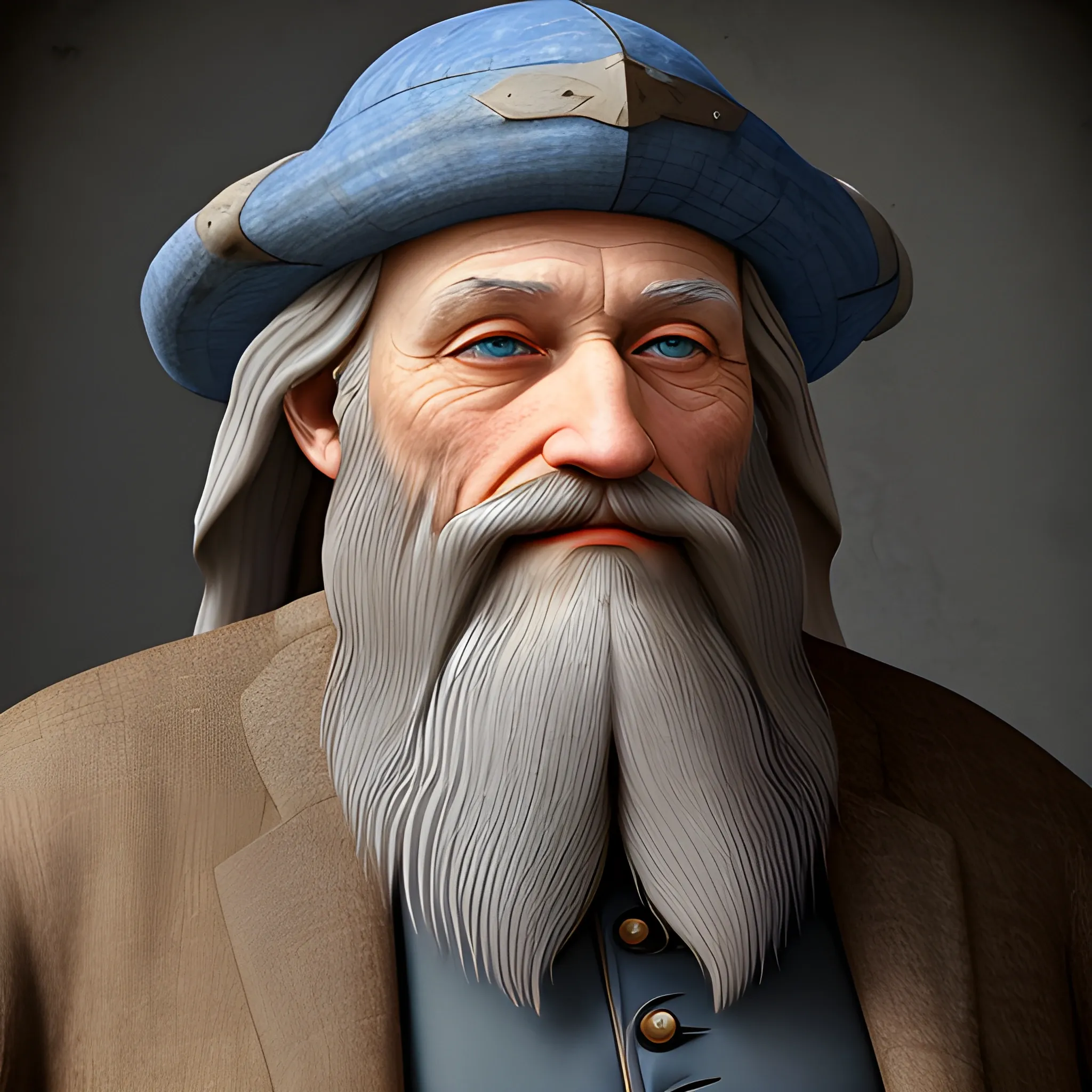 a long bearded old man with grey rare hairs and beard. blue intelligent eyes. a basque on his head and precious medieval suit. photorealistic, 3D, Leonardo da vinci