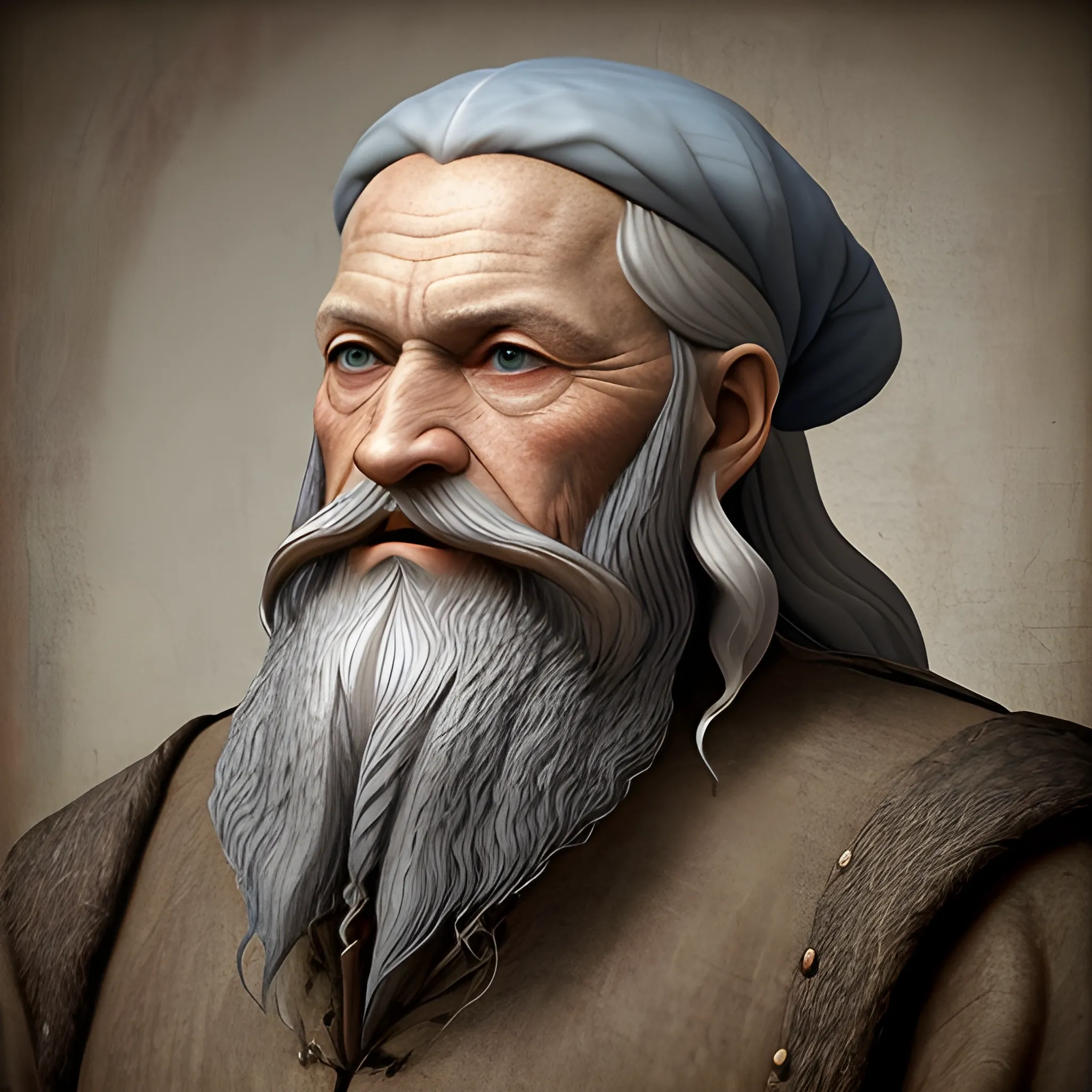 a long bearded medieval old man with grey rare hairs and beard. blue ...