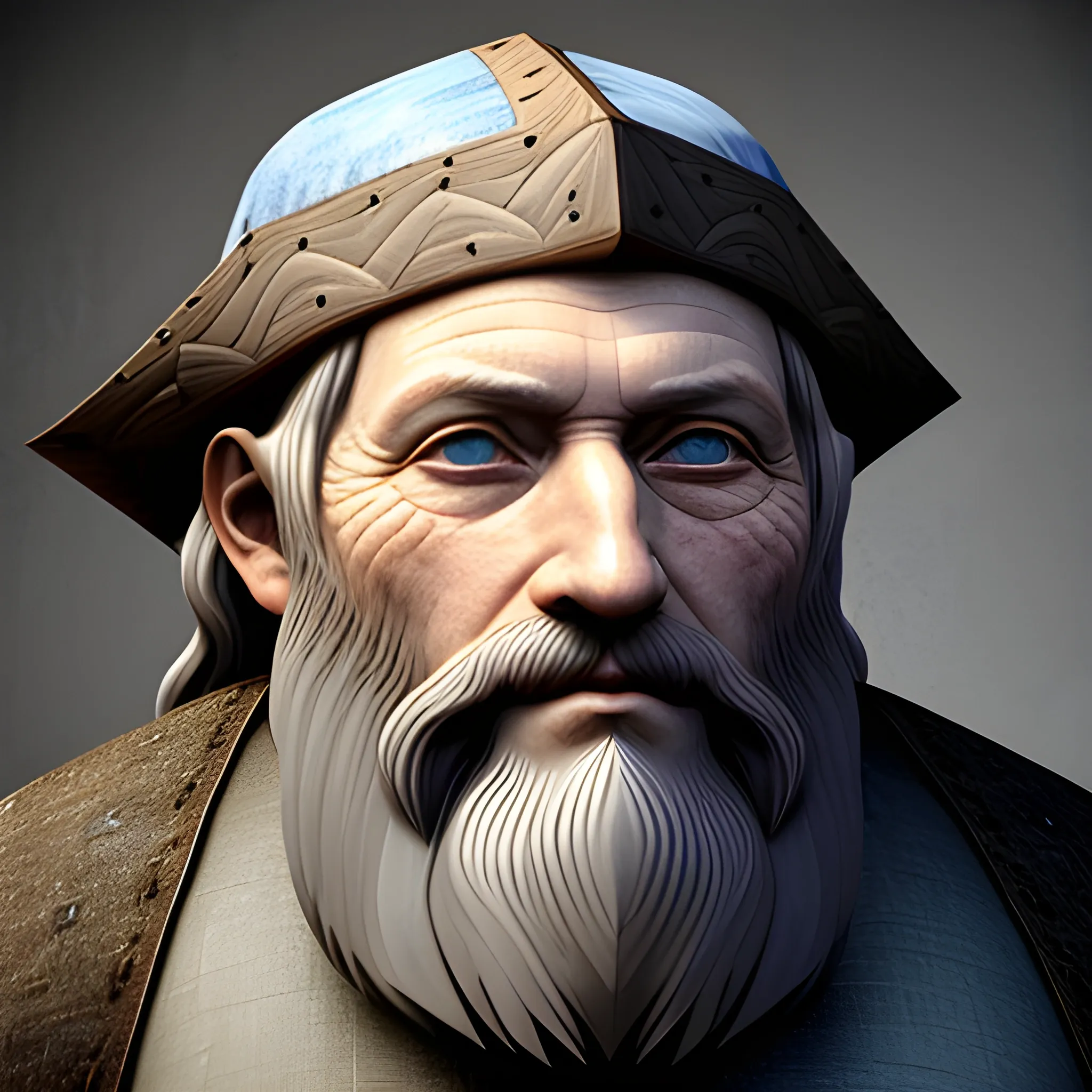 a real long bearded medieval old man with grey rare hairs and beard. blue intelligent eyes. a basque on his head and precious medieval suit. photo, 3D, Leonardo da vinci, epic, hyper realistic