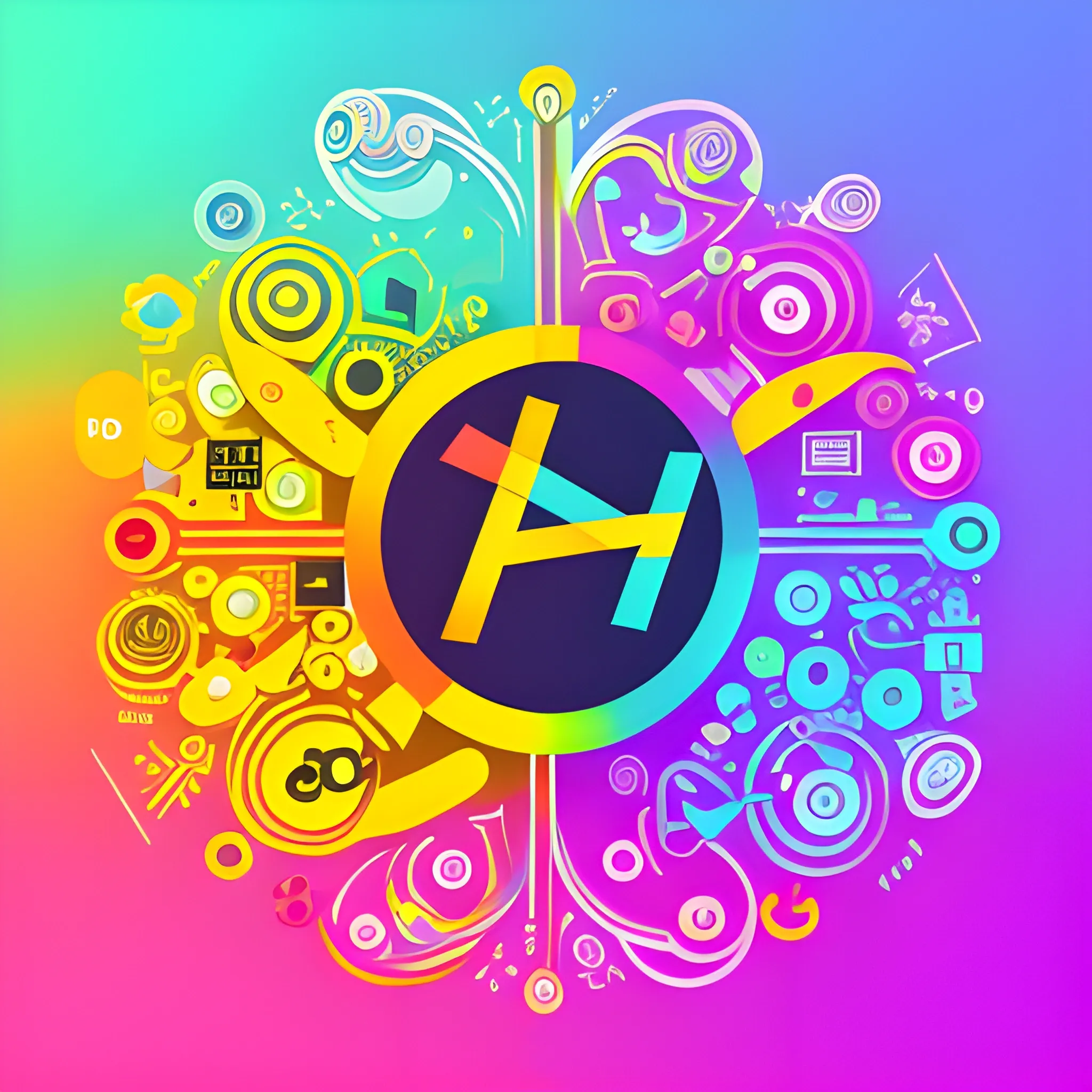 Create a vibrant and modern logo for arthub.ai, featuring a fusion of the letters T and Y, coupled with colorful design elements that evoke imagery of brain activity, creative thinking, and playful question marks