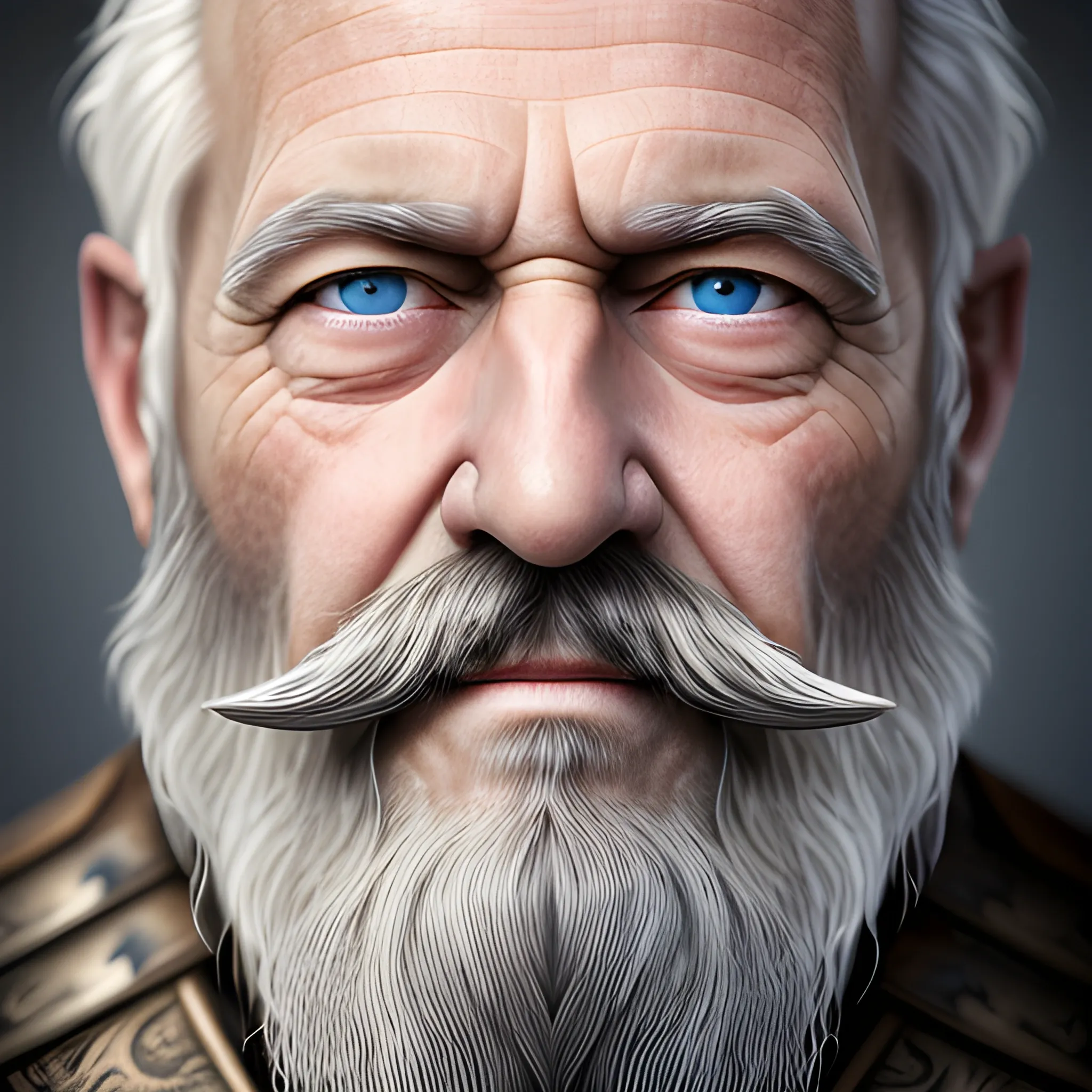 photo portrait of an old bearded man with grey hairs and blue eyes. medieval, photorealistic