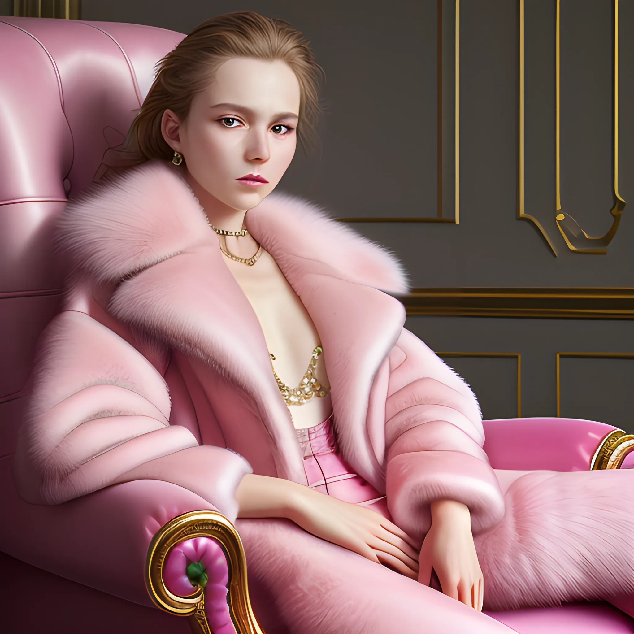 best quality, masterpiece, ultra high res, photorealistic, detailed skin, pink fur coat, sitting on armchair and open legs